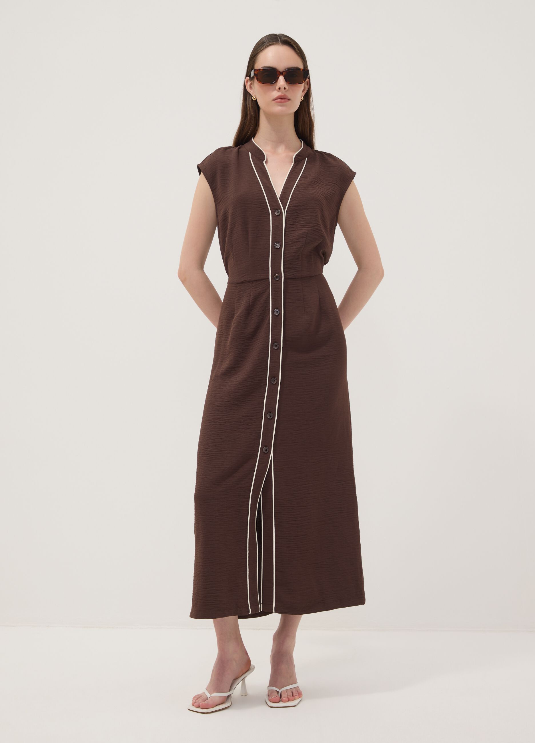 Long brown V-neck button-through dress, regular fit
