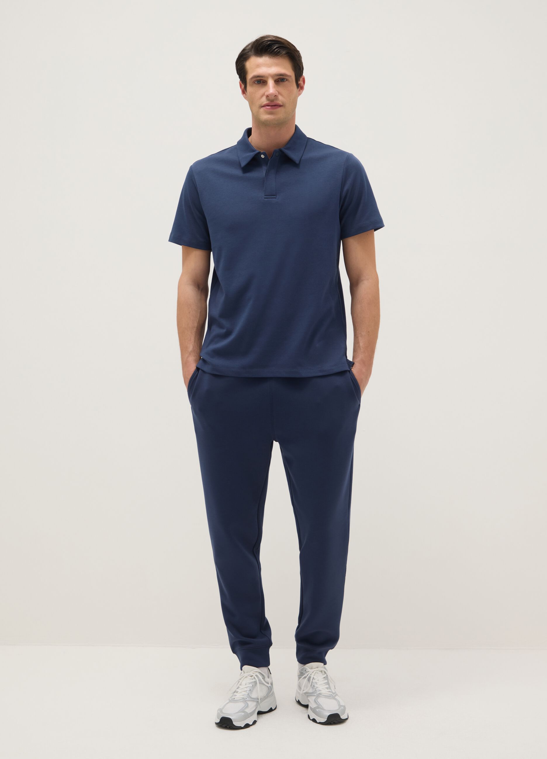 Kurzarm-Poloshirt in blauem Baumwollmix, Regular Fit