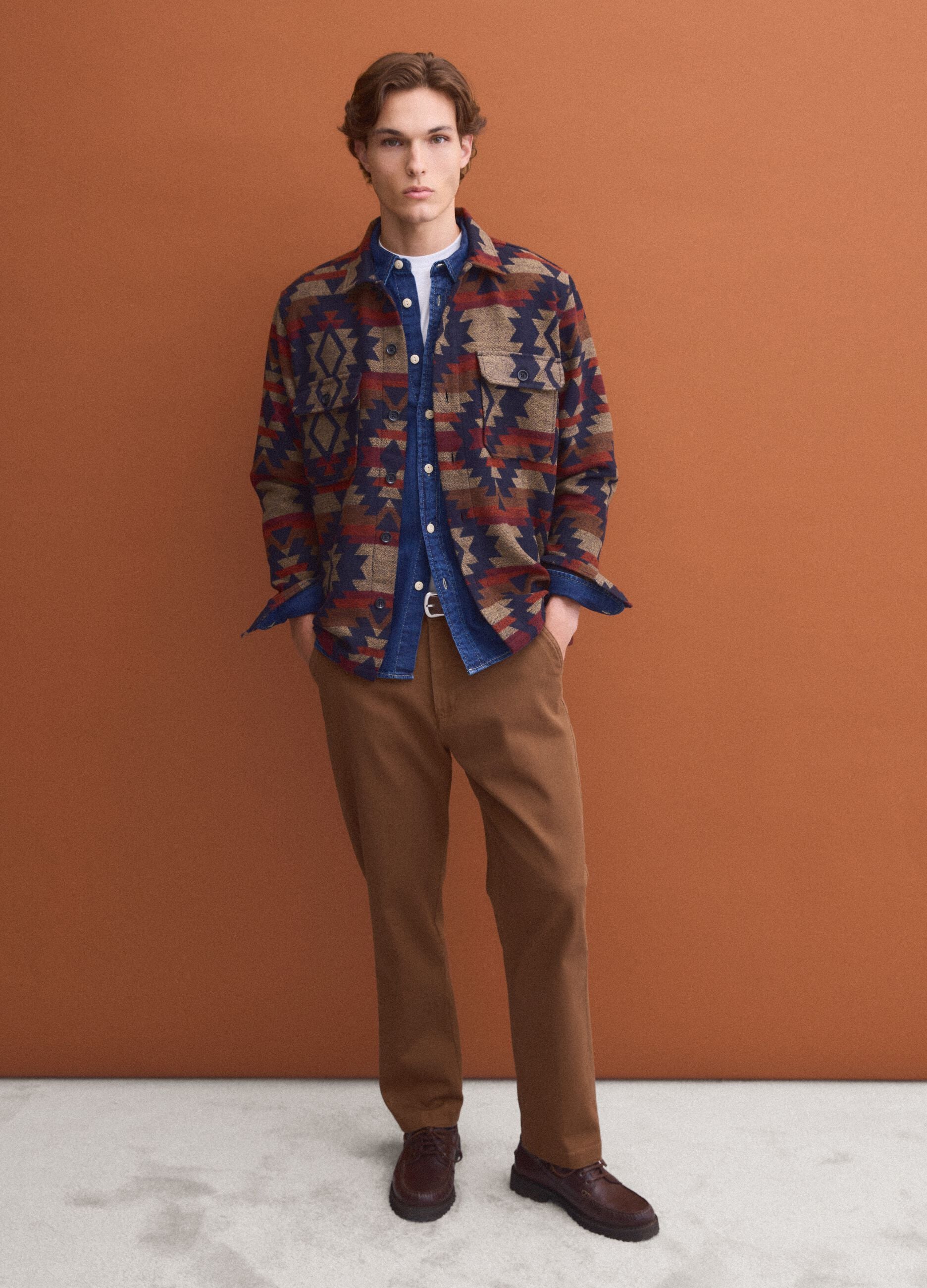 Multicolour geometric-print bowling-collar shacket, oversized fit