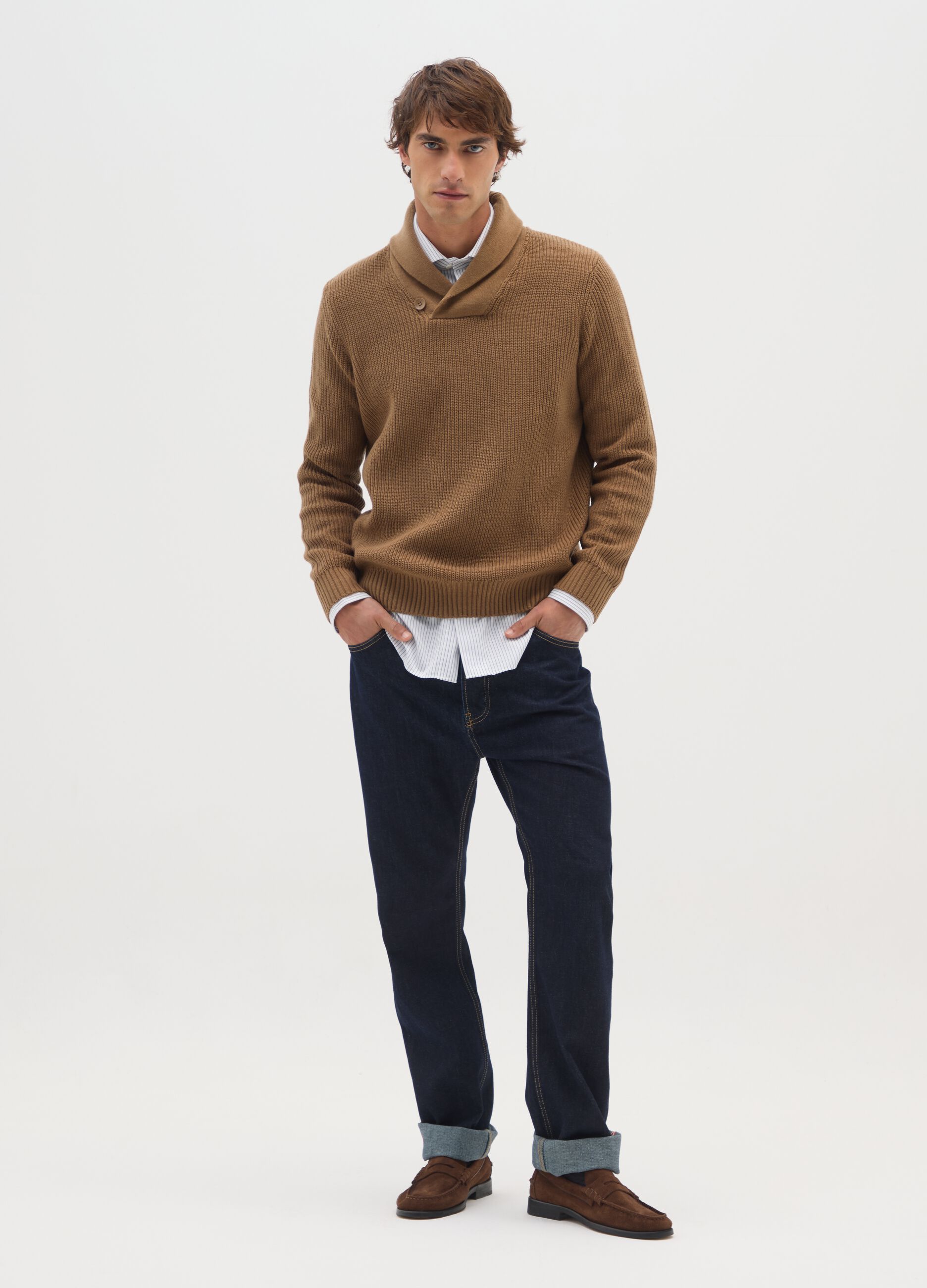 Brown shawl collar sweater regular fit