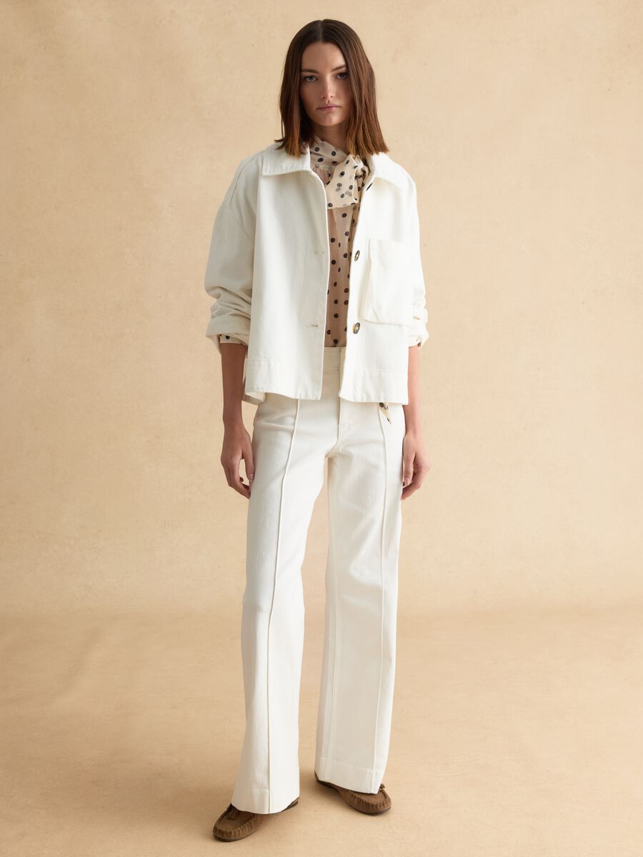 White wide leg stretch cotton trousers_0