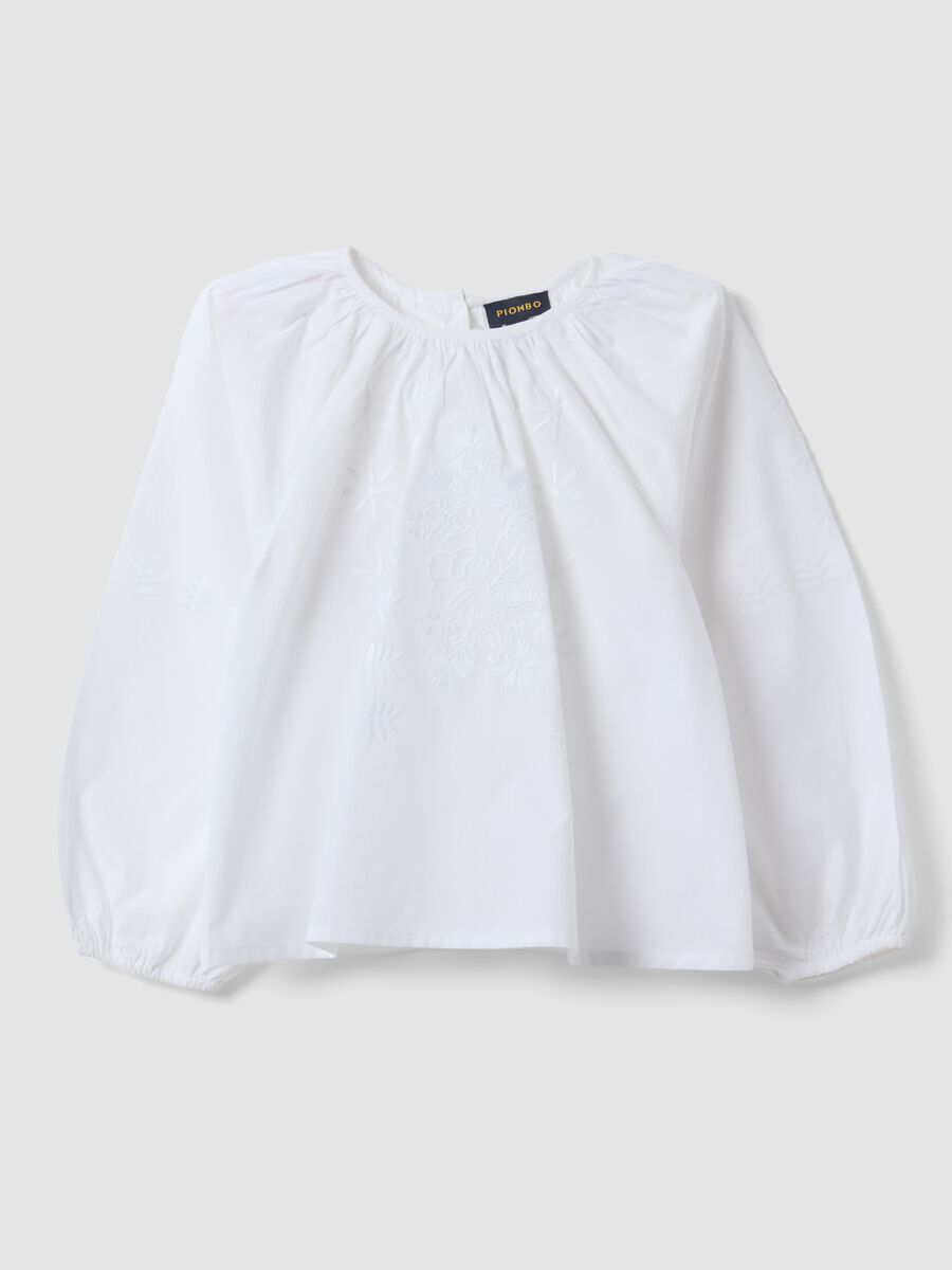 White pure cotton blouse with embroidery and gathered neckline for girls_0