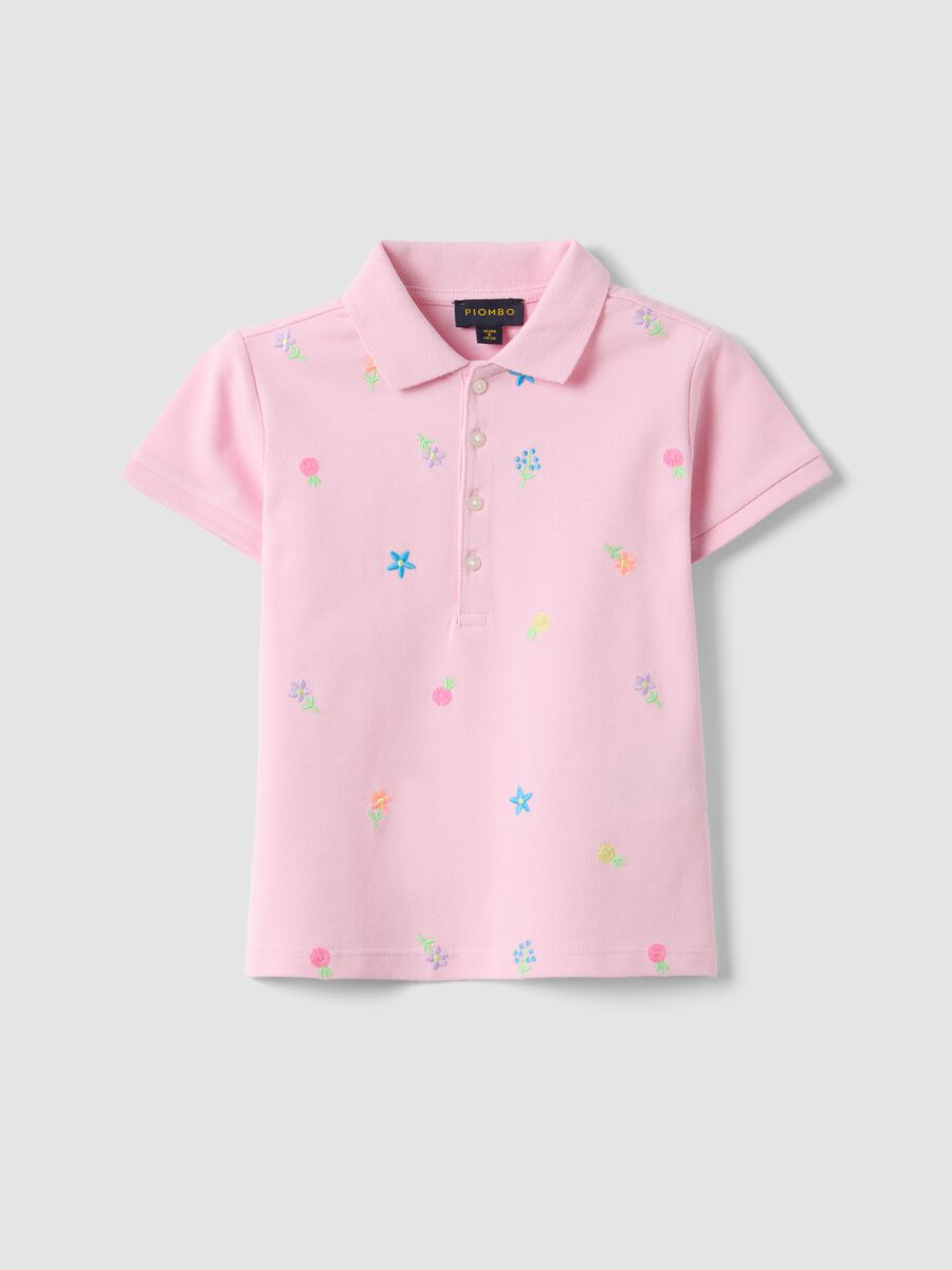 Girls' pink pure cotton polo, regular fit with embroidered flowers_3