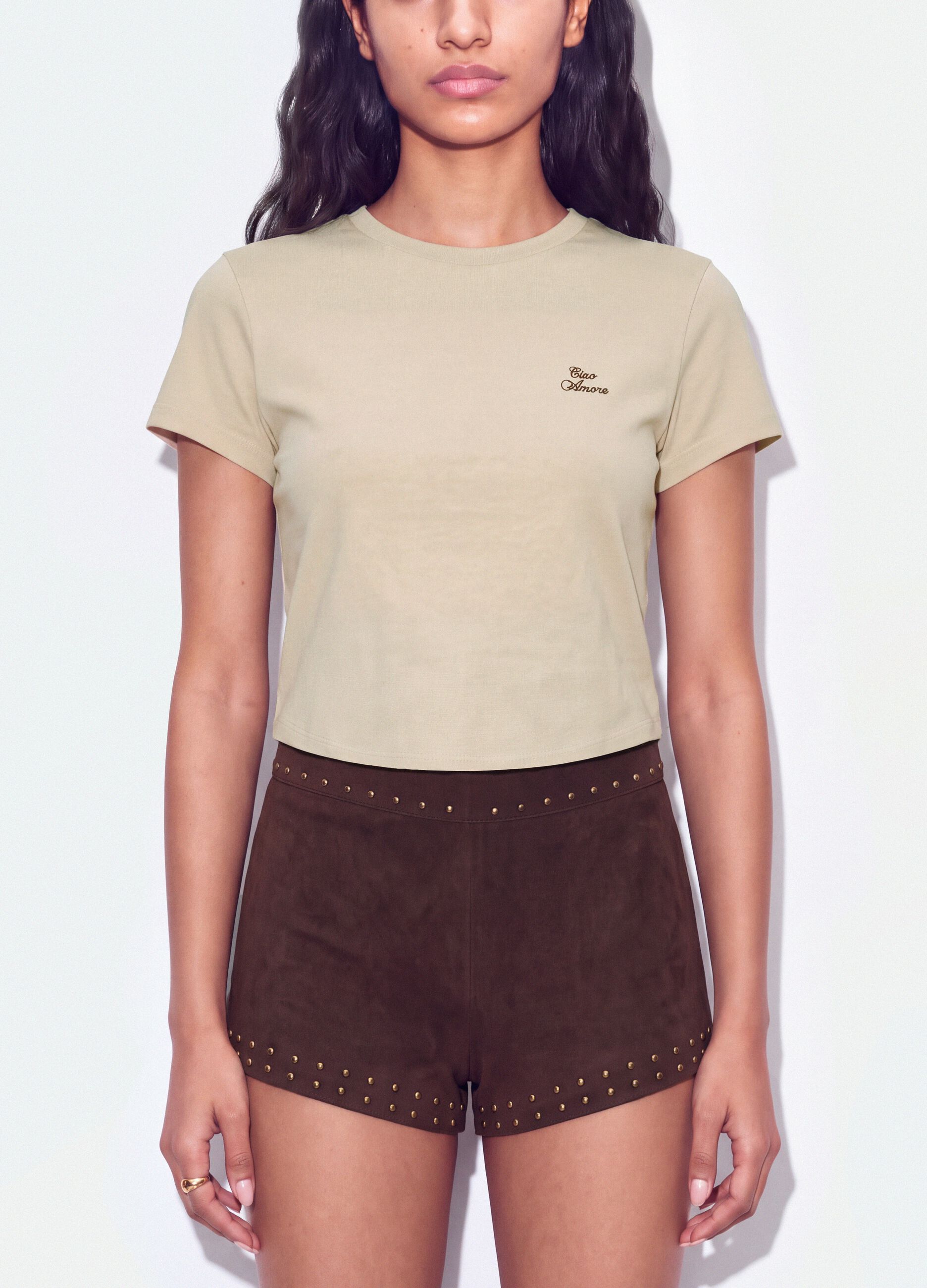 Beiges Cropped T-Shirt aus reiner Baumwolle mit Rundhals und Print