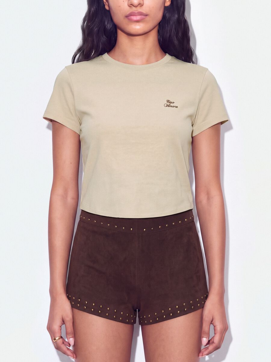 Beige pure cotton cropped T-shirt with crew neck and print_4