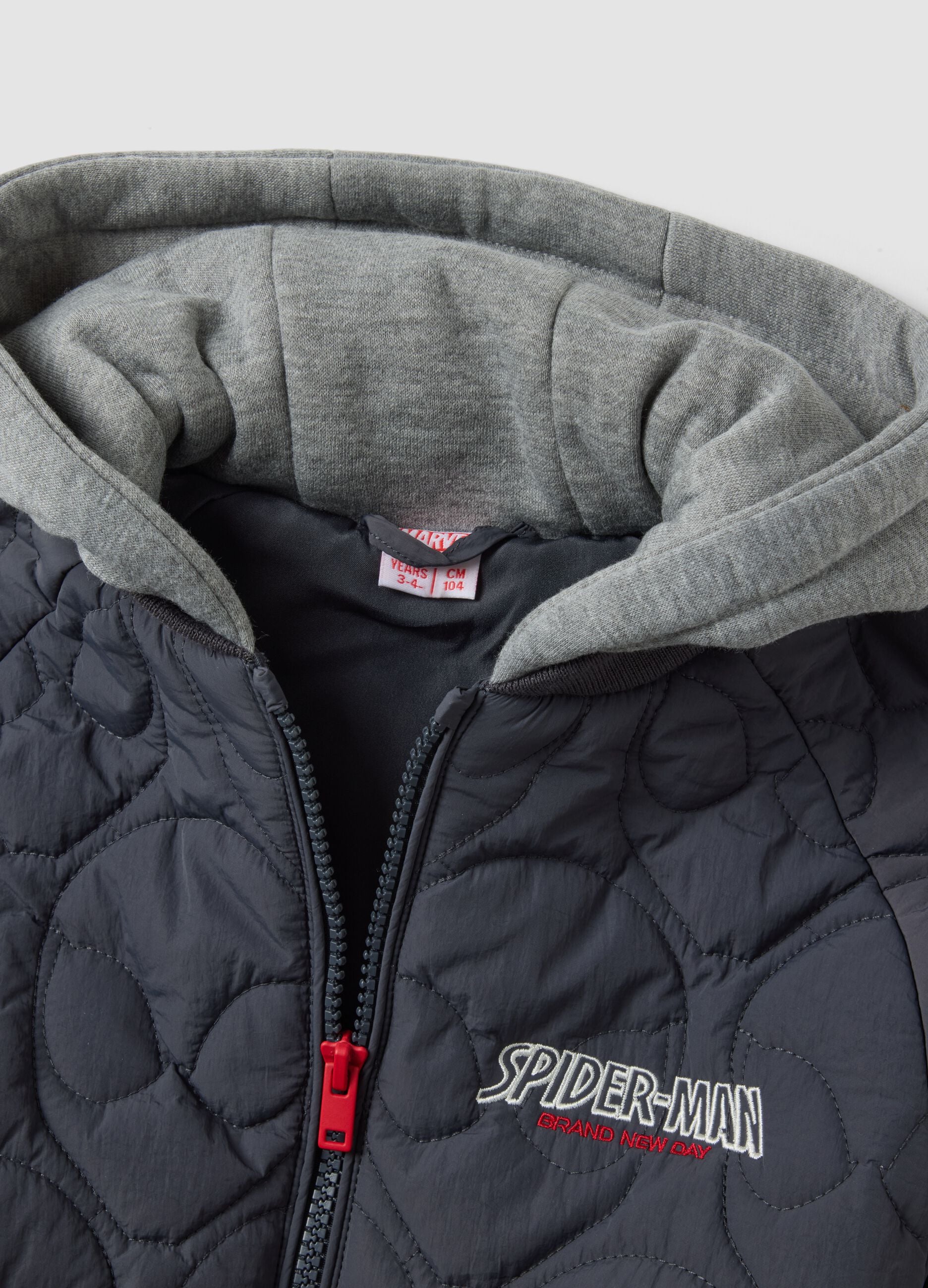 Grey quilted hooded jacket with Spider-Man embroidery for boys