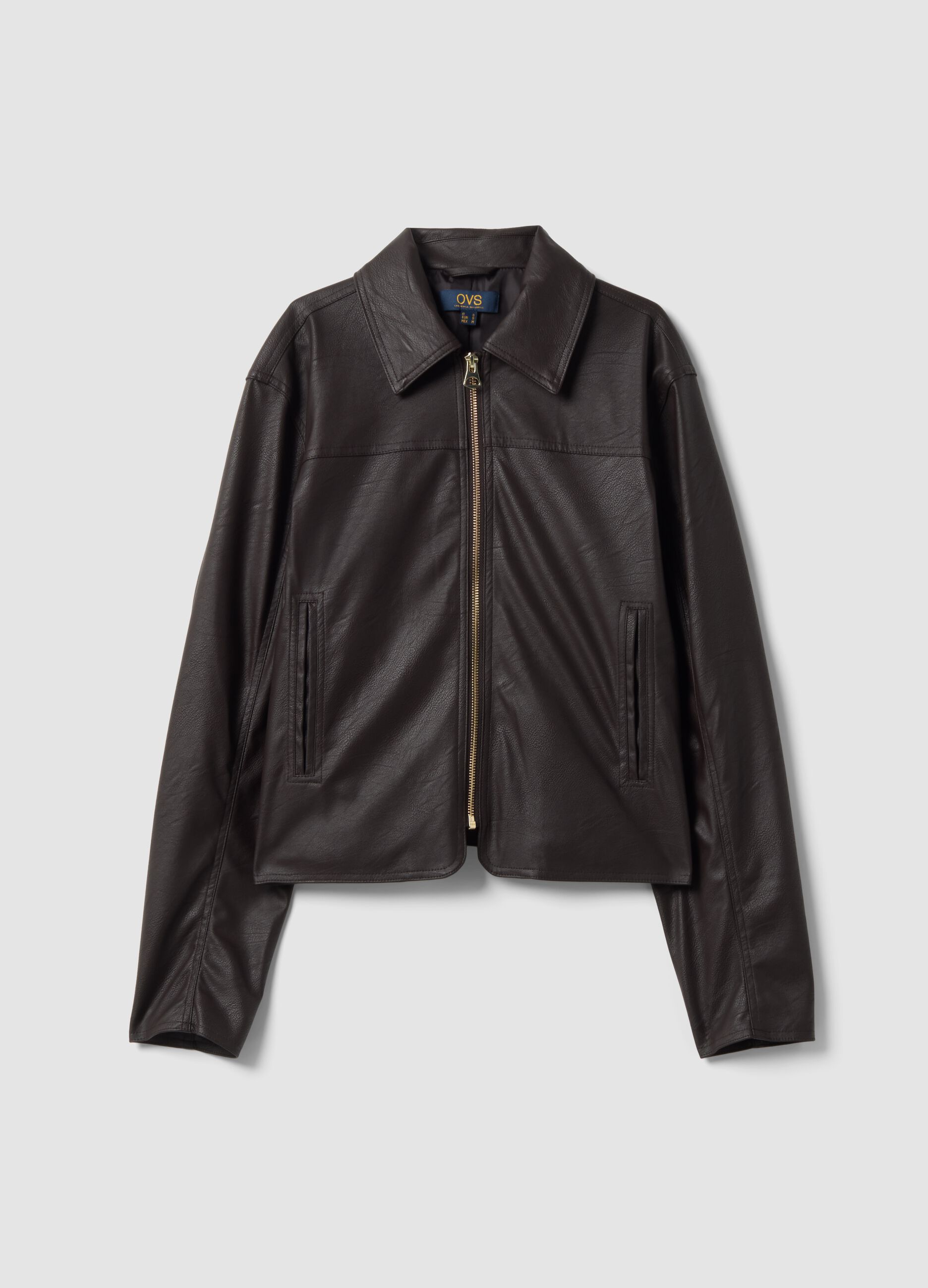 Brown jacket with zip fastening and slim-fit collar