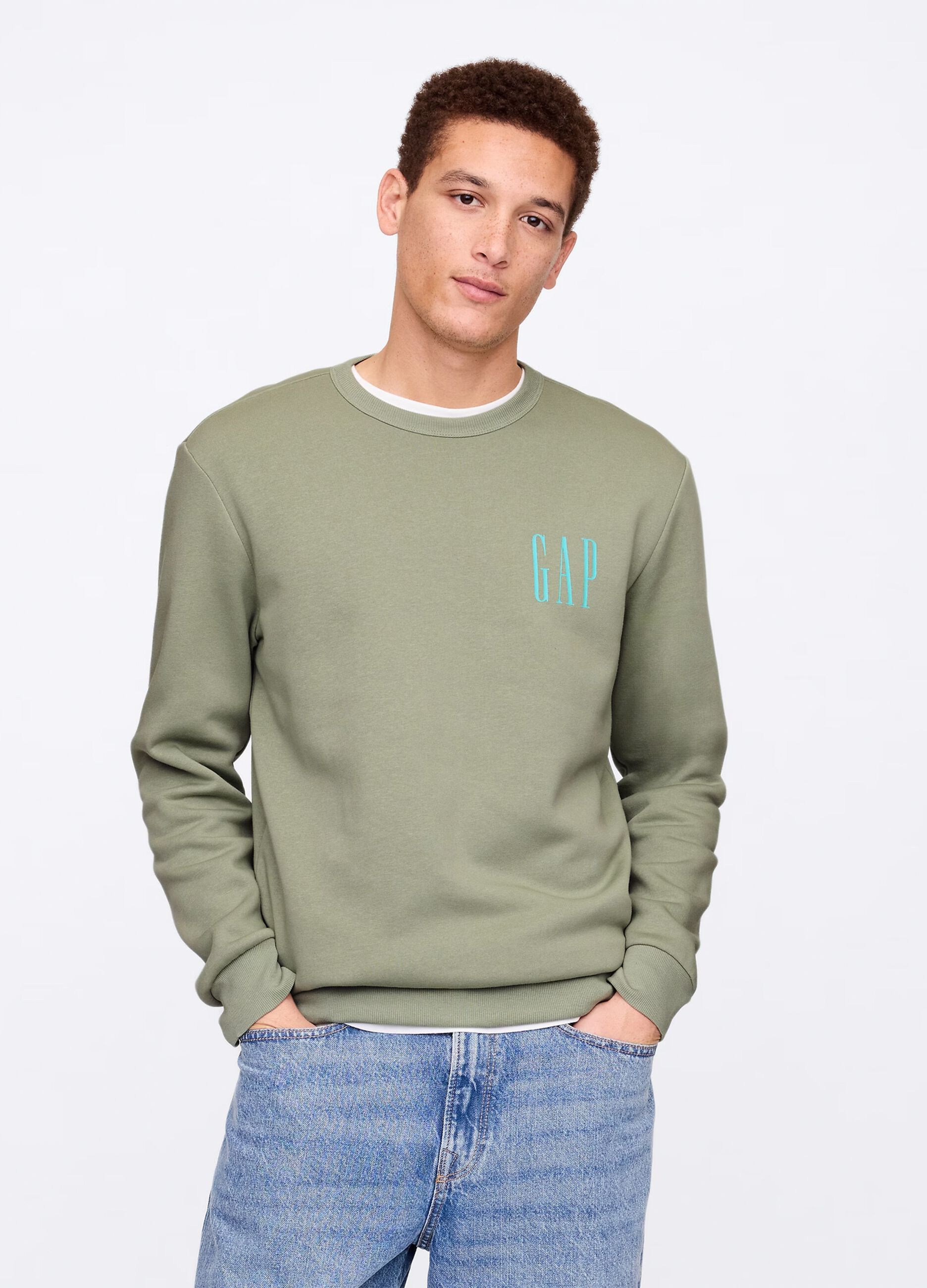 Green sweatshirt with round neck in cotton blend