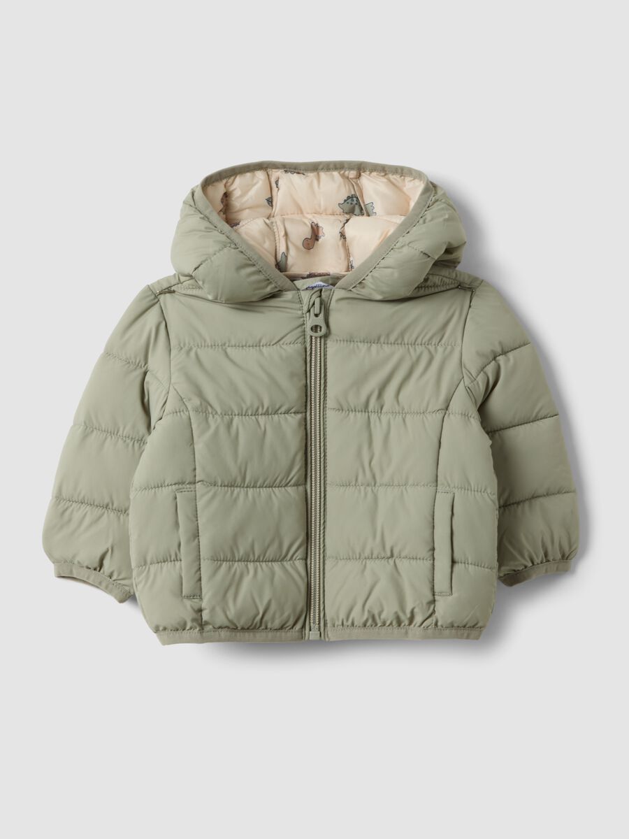 Green padded ultralight jacket with hood and zip for baby_0