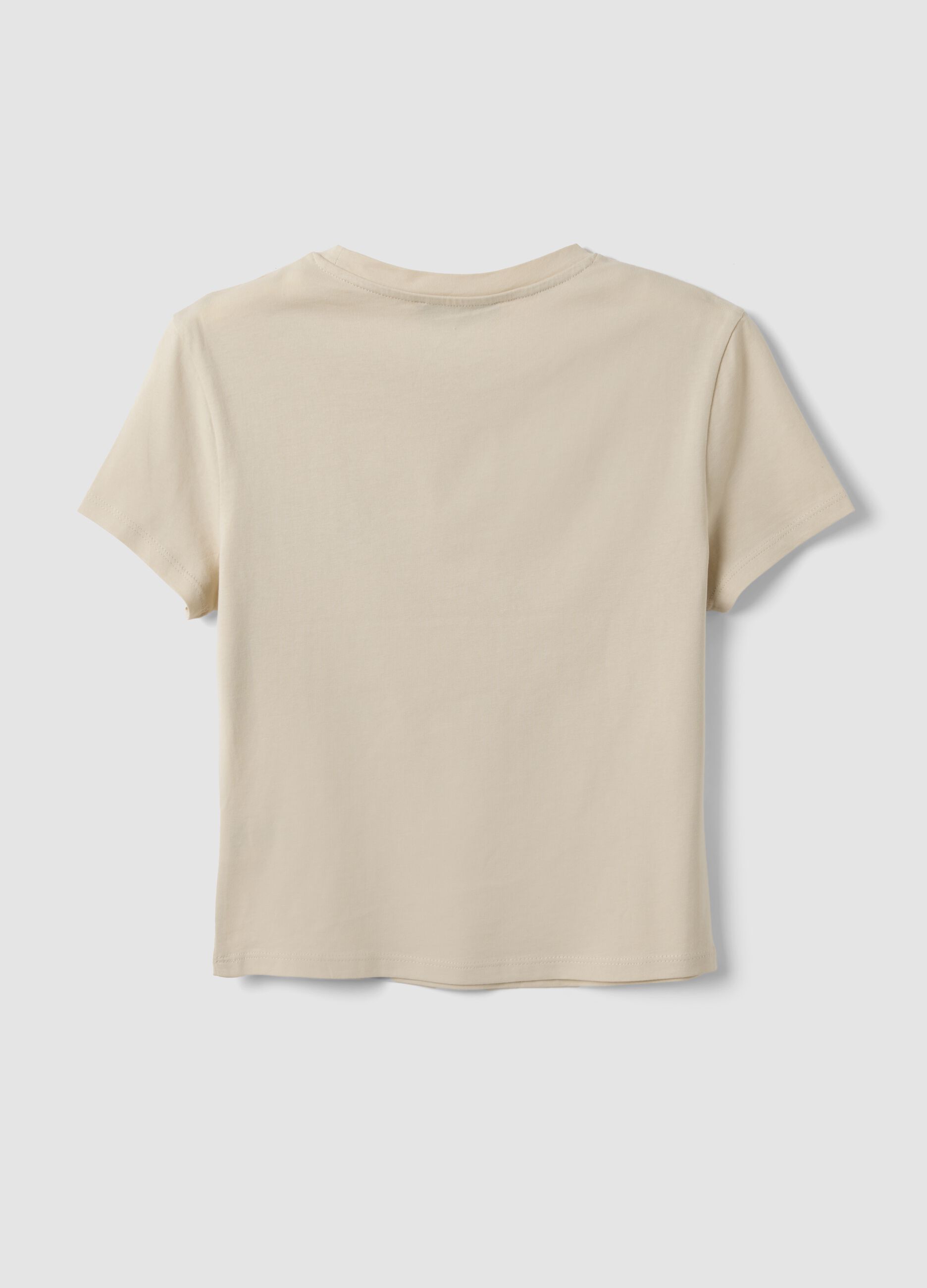 Beiges Cropped T-Shirt aus reiner Baumwolle mit Rundhals und Print
