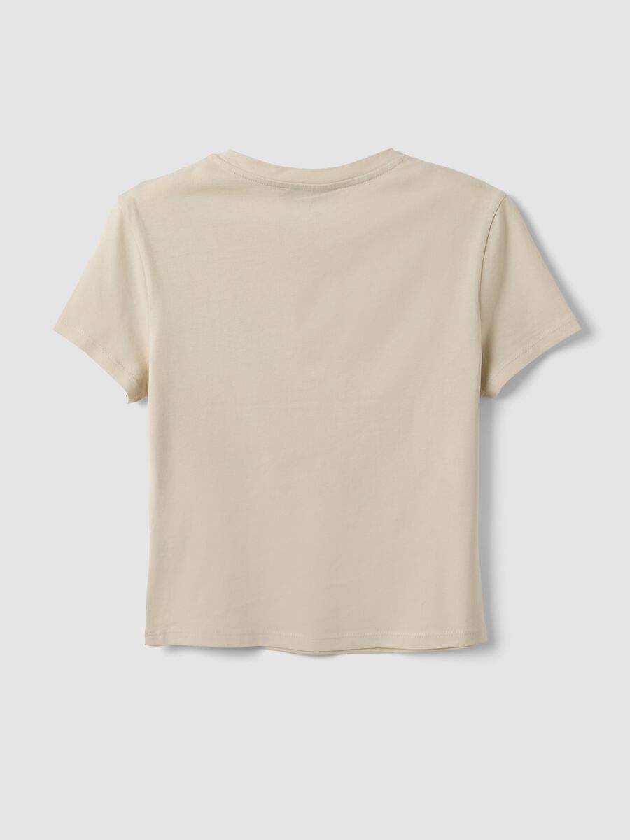 Beige pure cotton cropped T-shirt with crew neck and print_5