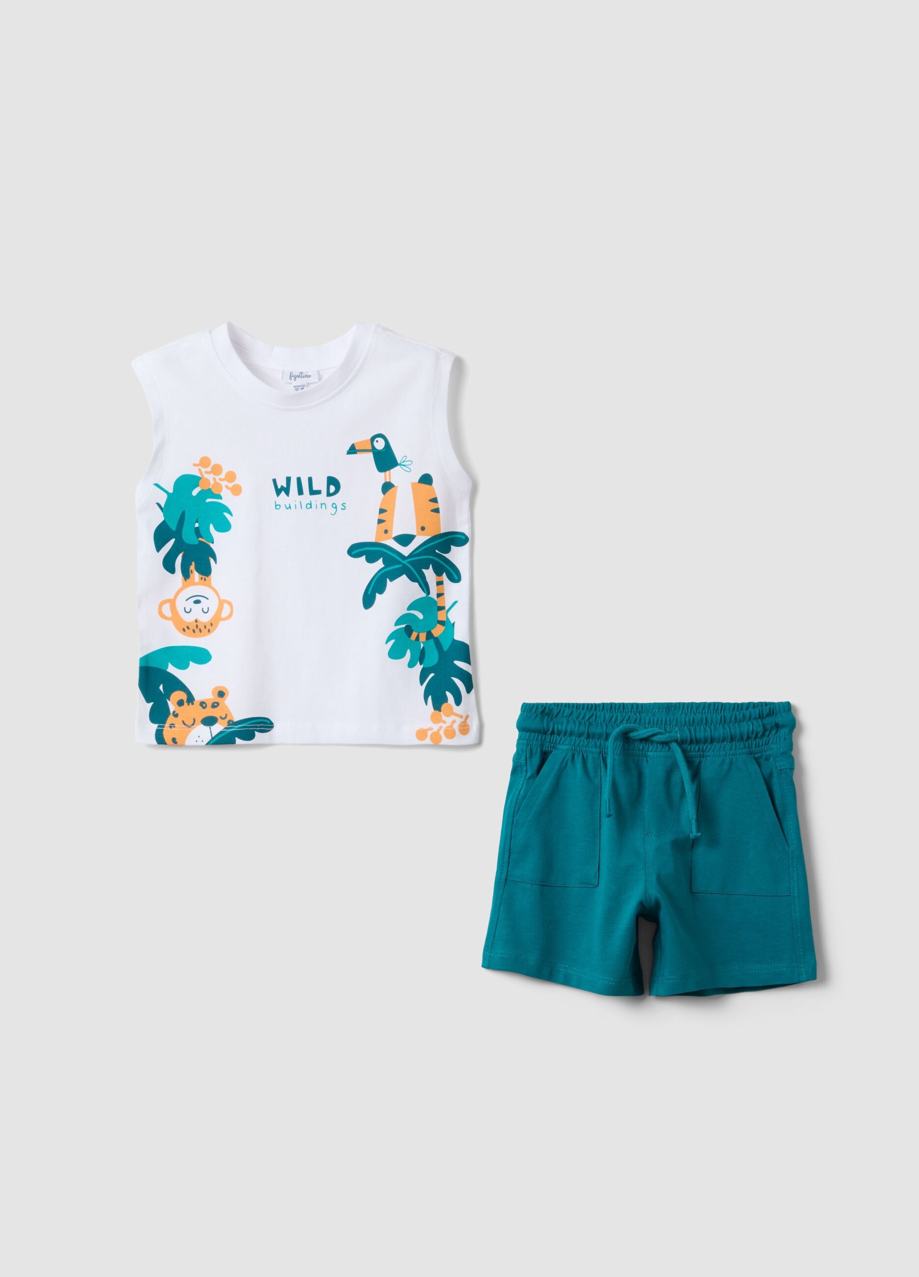 White pure cotton set with top and shorts for baby boy, regular fit
