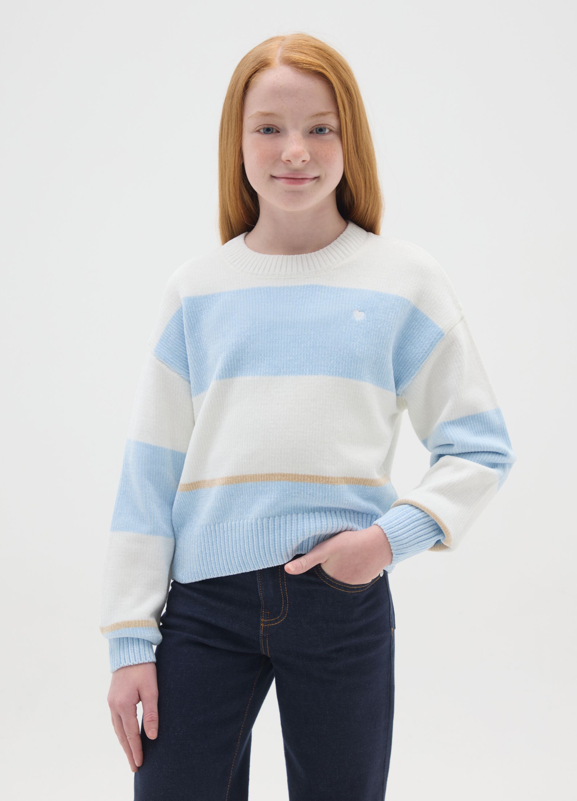 Girls' multicolour striped crew neck jumper, regular fit