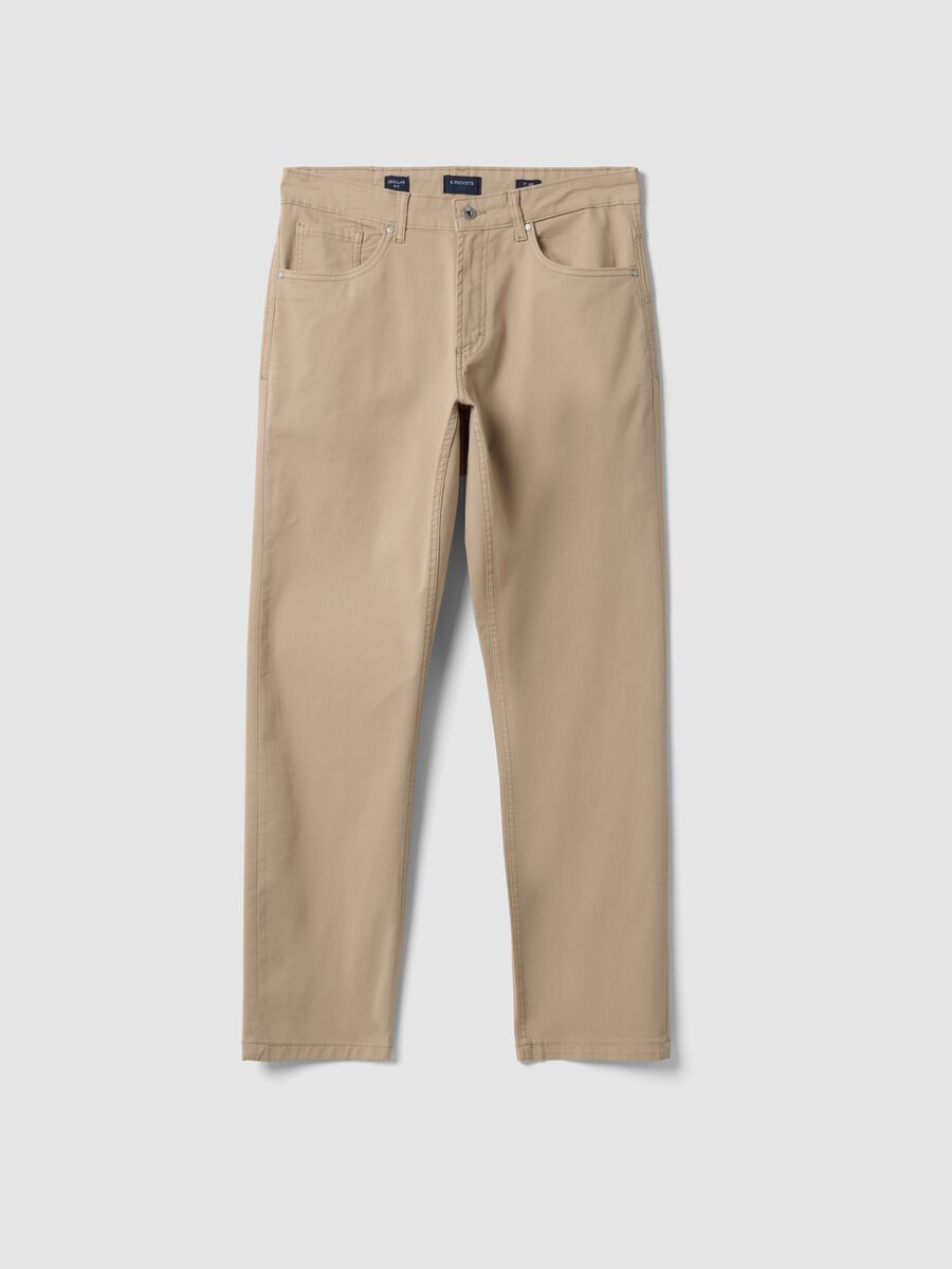 Beige regular-fit stretch cotton twill trousers_4