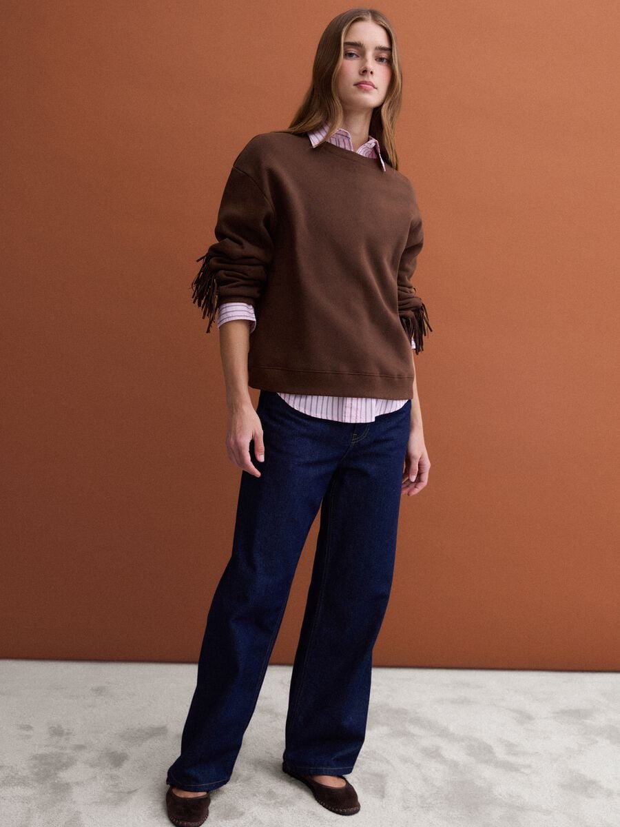 Brown cotton-blend crew-neck sweatshirt with fringes, regular fit_1