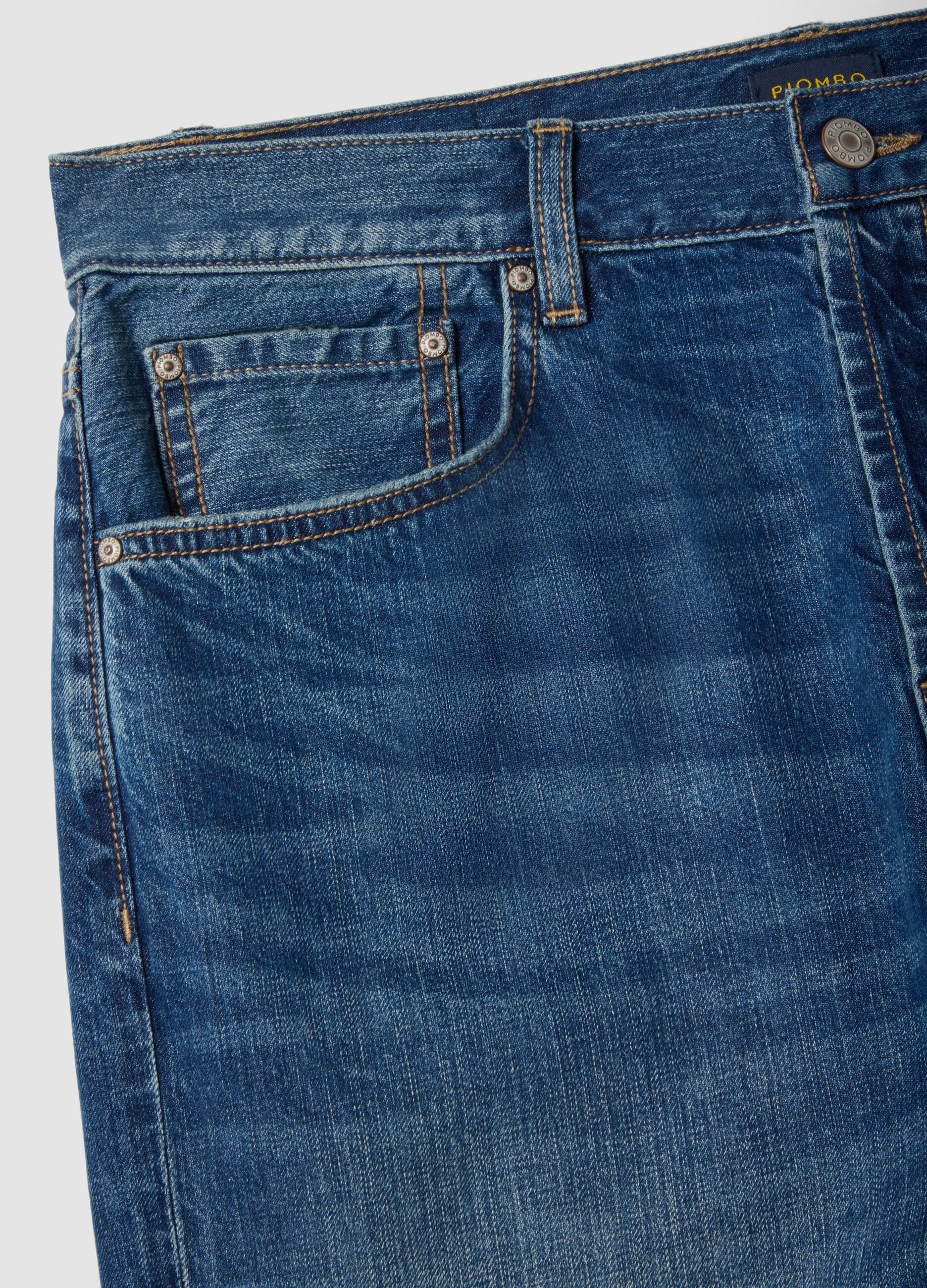 Jeans en m&eacute;lange de coton denim et de lin bleu coupe regular