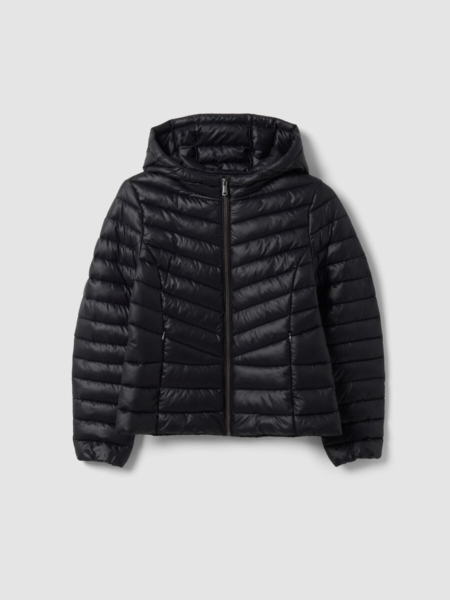 Black Ultralight padded jacket with hood and zip for girls_4