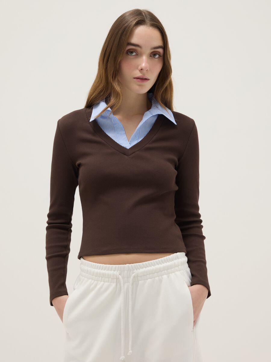 Brown stretch cotton regular fit t-shirt with contrasting collar_0