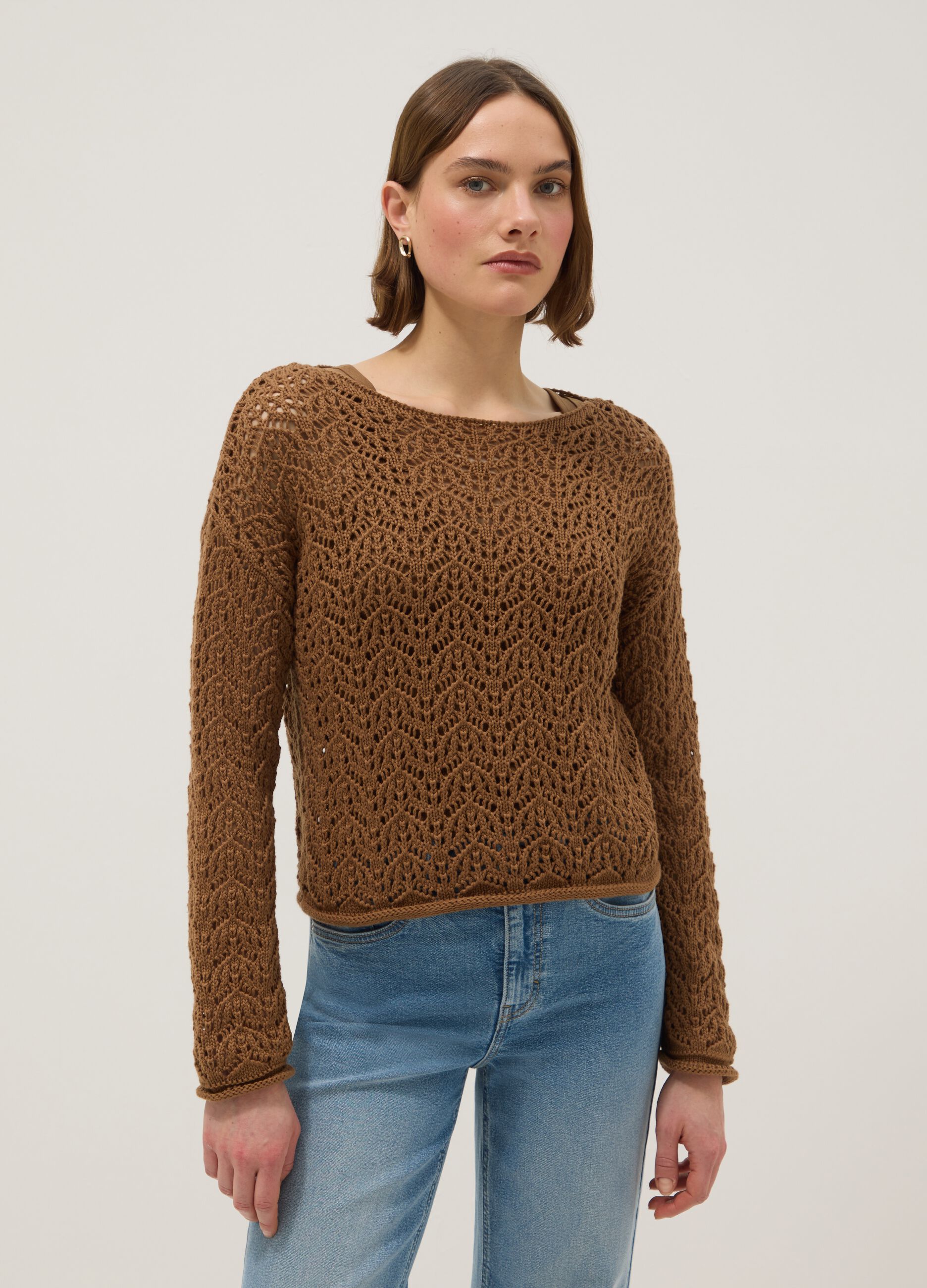 Brown pure cotton jumper with regular fit and perforated design
