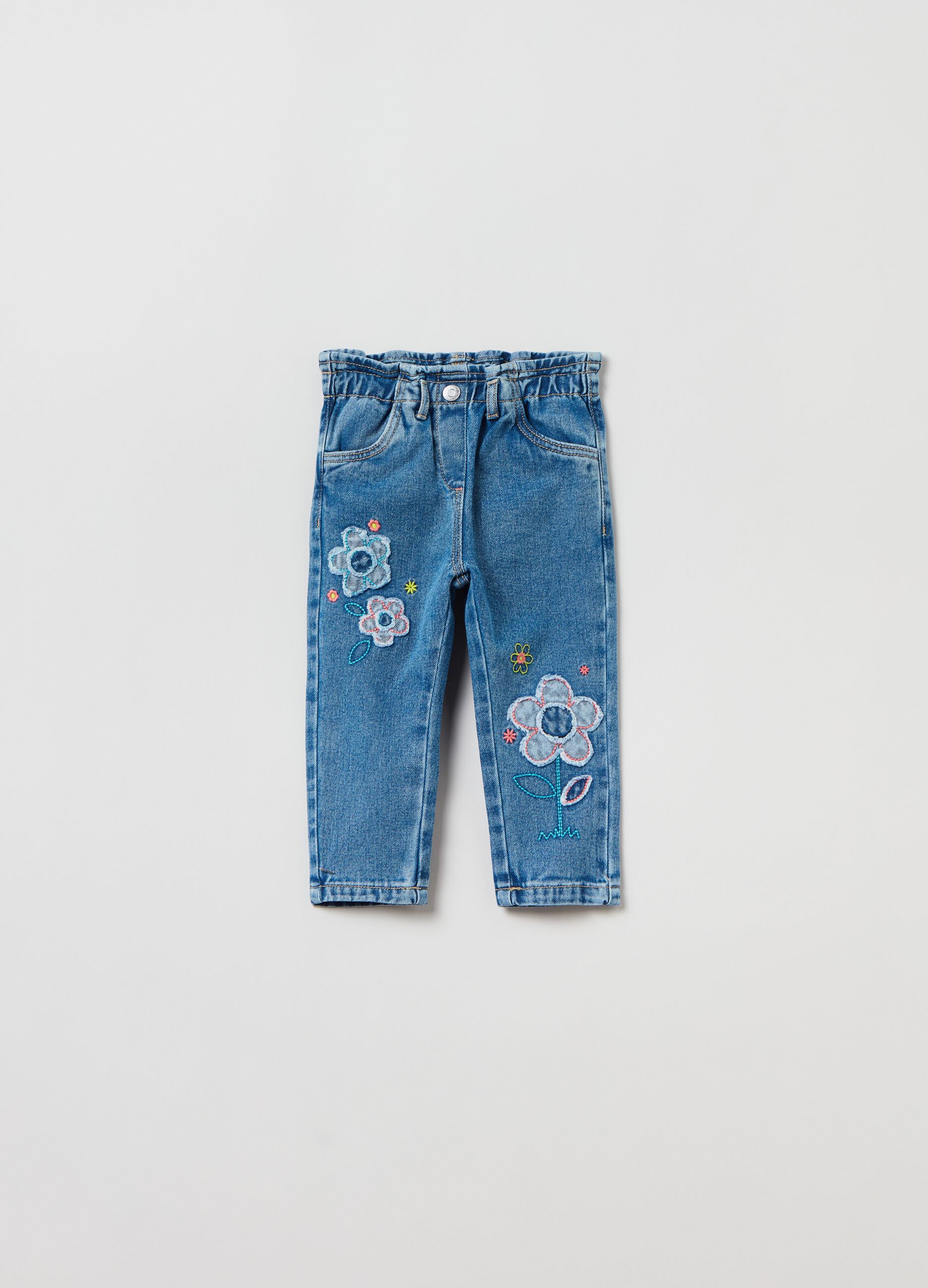 Paper bag jeans with flowers embroidery_0