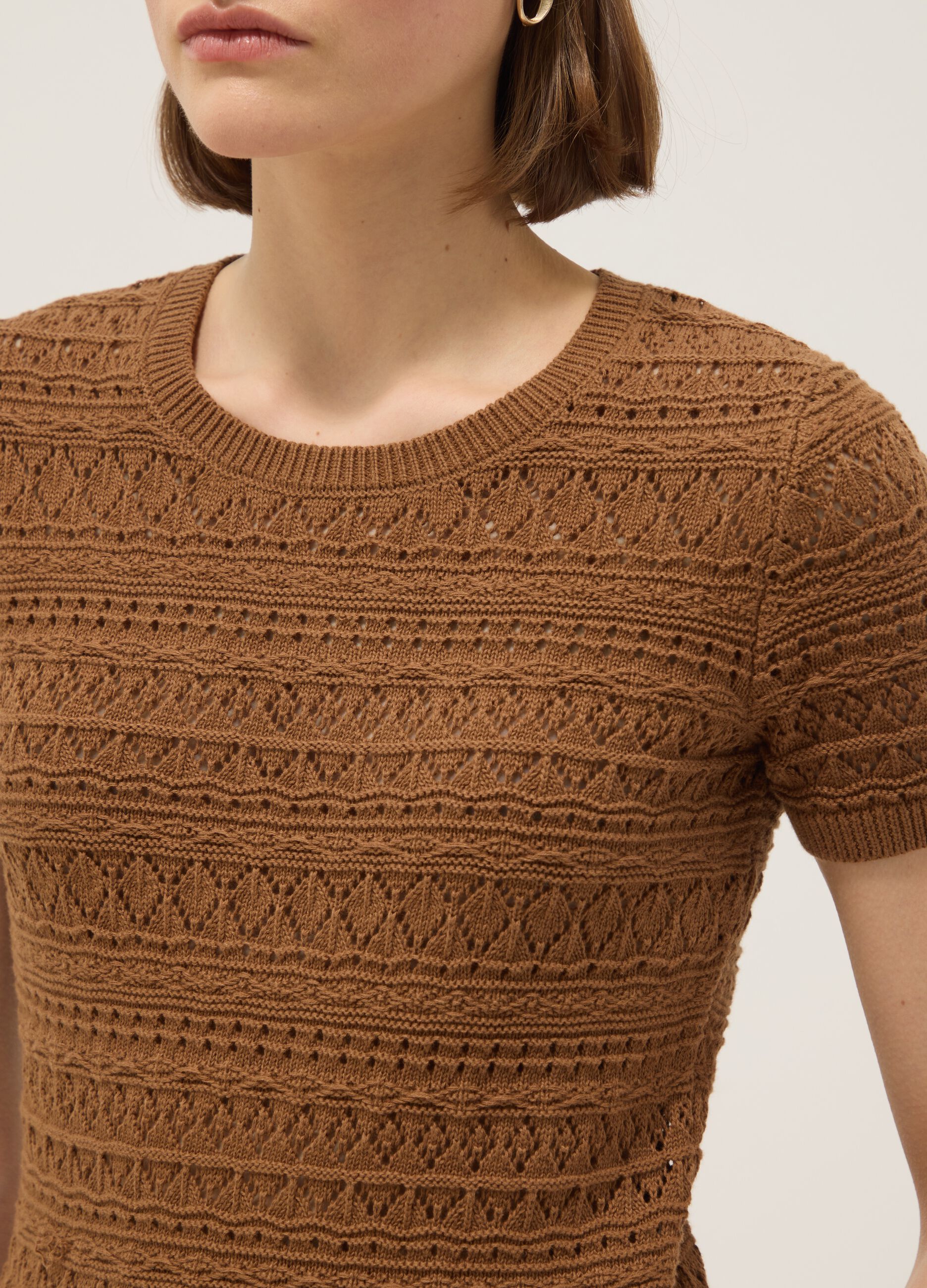 Brown pure cotton regular fit knitted sweater