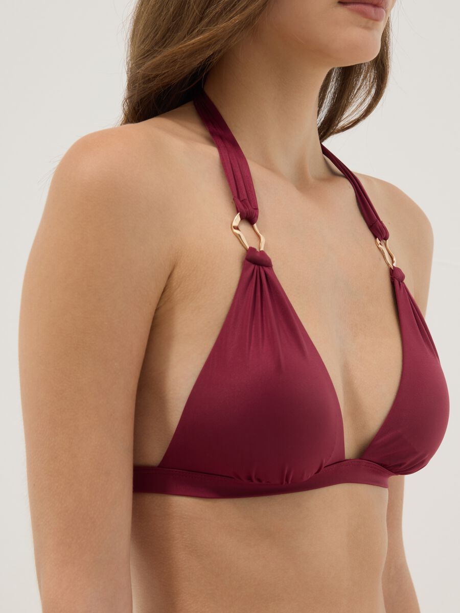 Red stretch triangle bikini top with neck bow_3