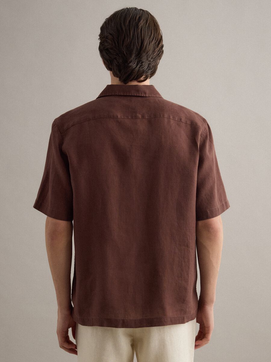 Brown short sleeve pure linen regular fit shirt_3