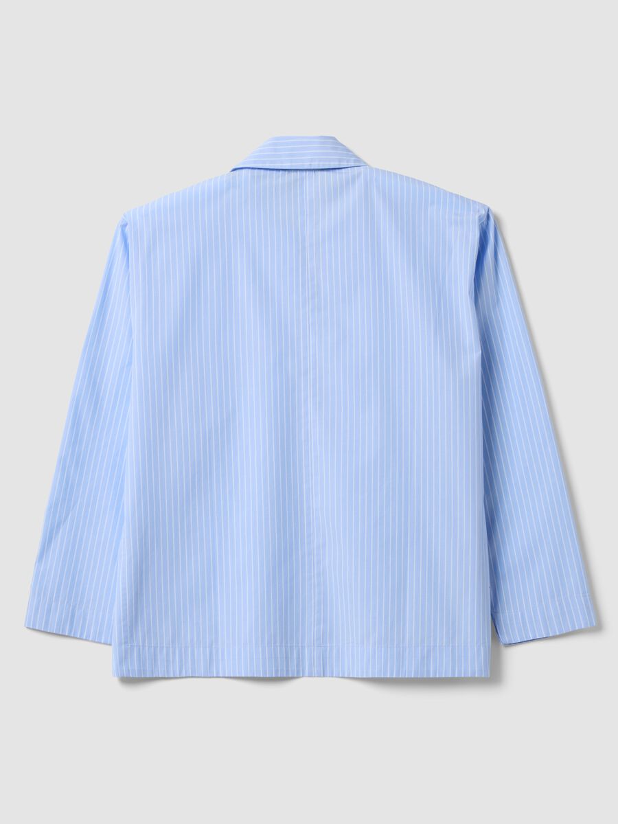 Blau gestreifte Popeline-Hemdbluse aus reiner Baumwolle mit V-Ausschnitt_2