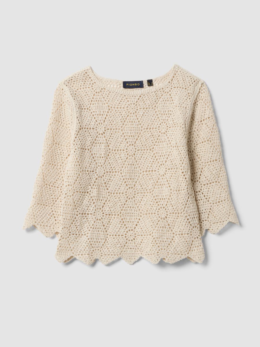Beige pure cotton crochet T-shirt, regular fit_0