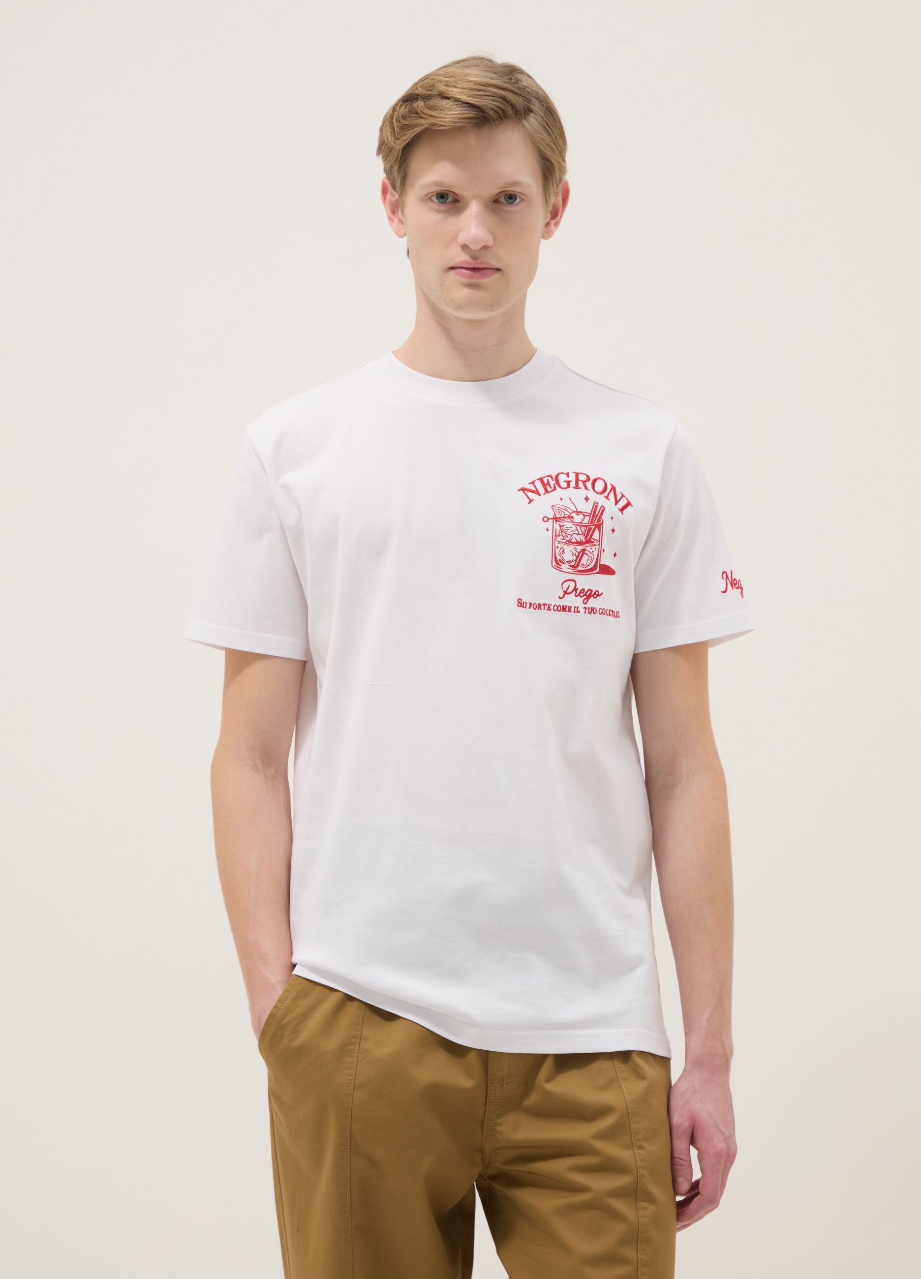 White pure cotton regular fit T-shirt with Negroni prints