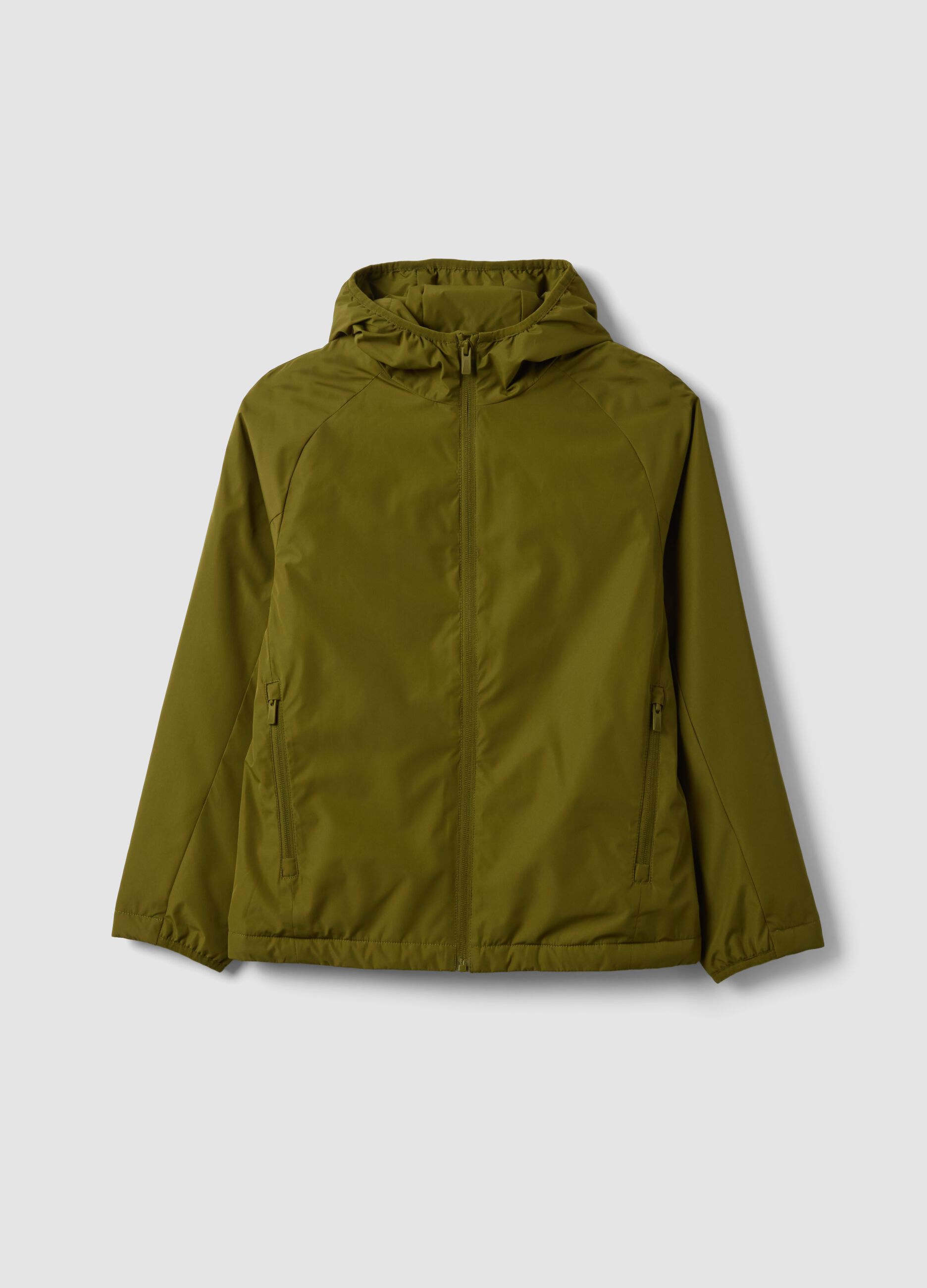 Chaqueta impermeable verde con capucha y cremallera para ni&ntilde;o