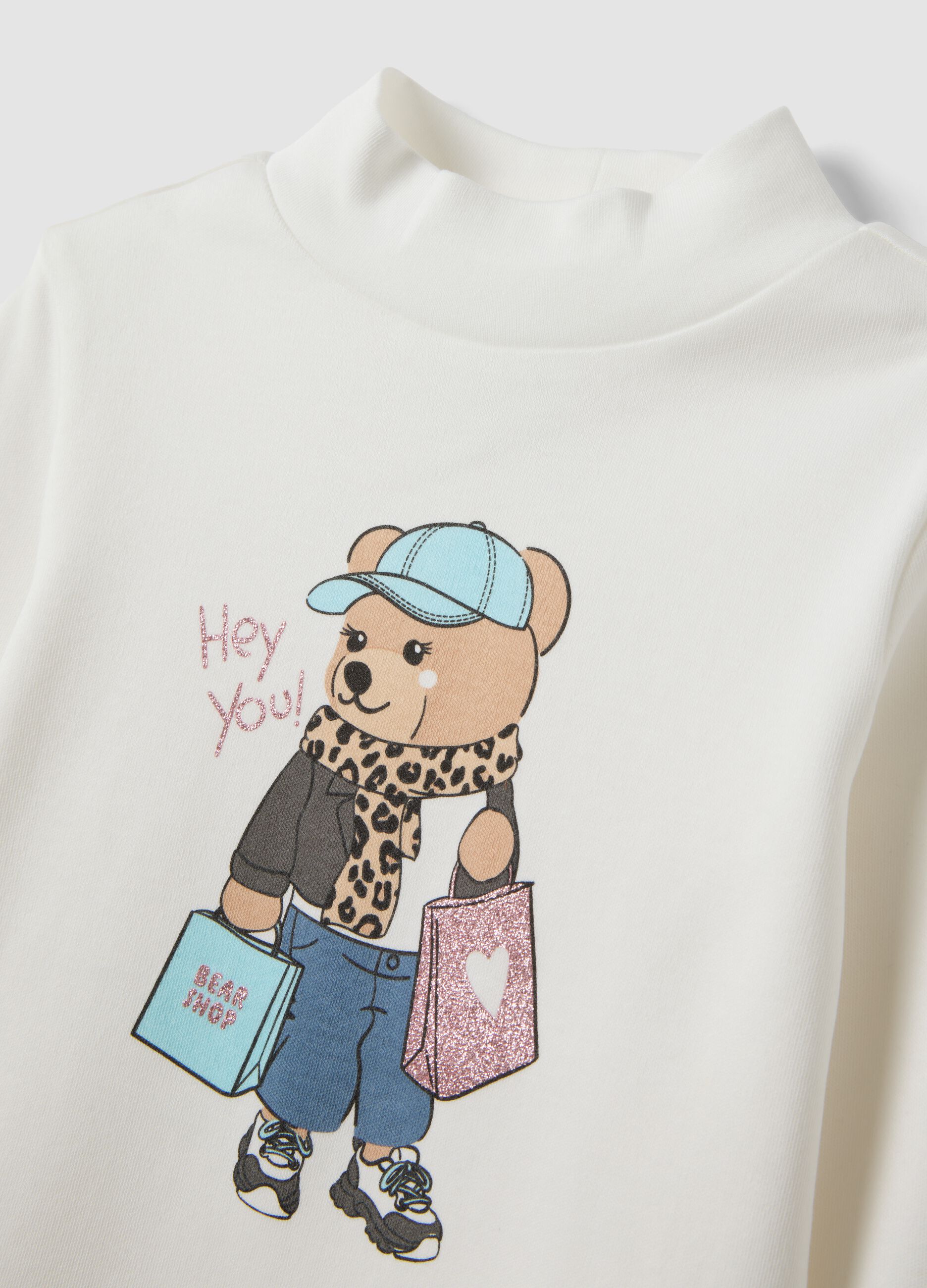 T-shirt bianca in puro cotone organico con collo rialzato e stampa orsetto