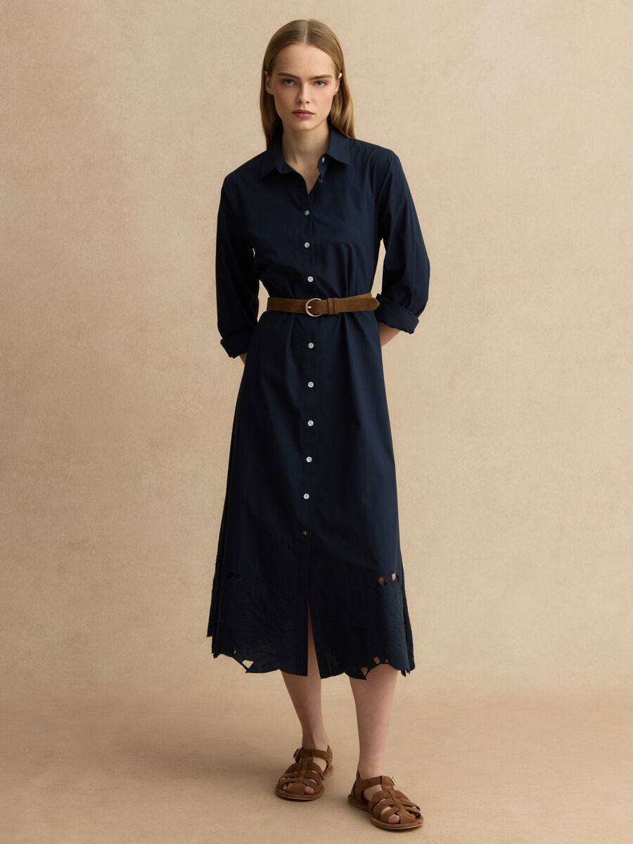 Long blue dress in pure cotton with regular fit and embroidery_0
