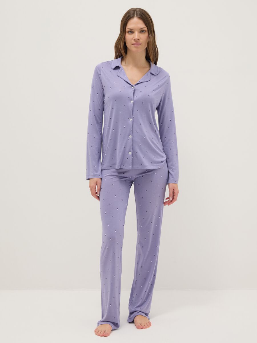 Purple pure viscose pyjamas with V-neck and prints, regular fit_0