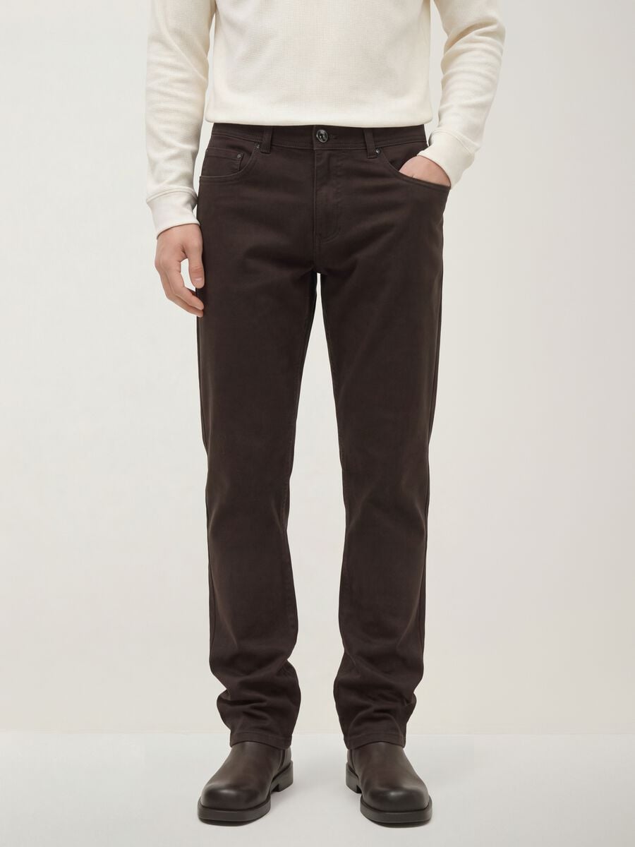 Brown slim-fit stretch cotton trousers_1