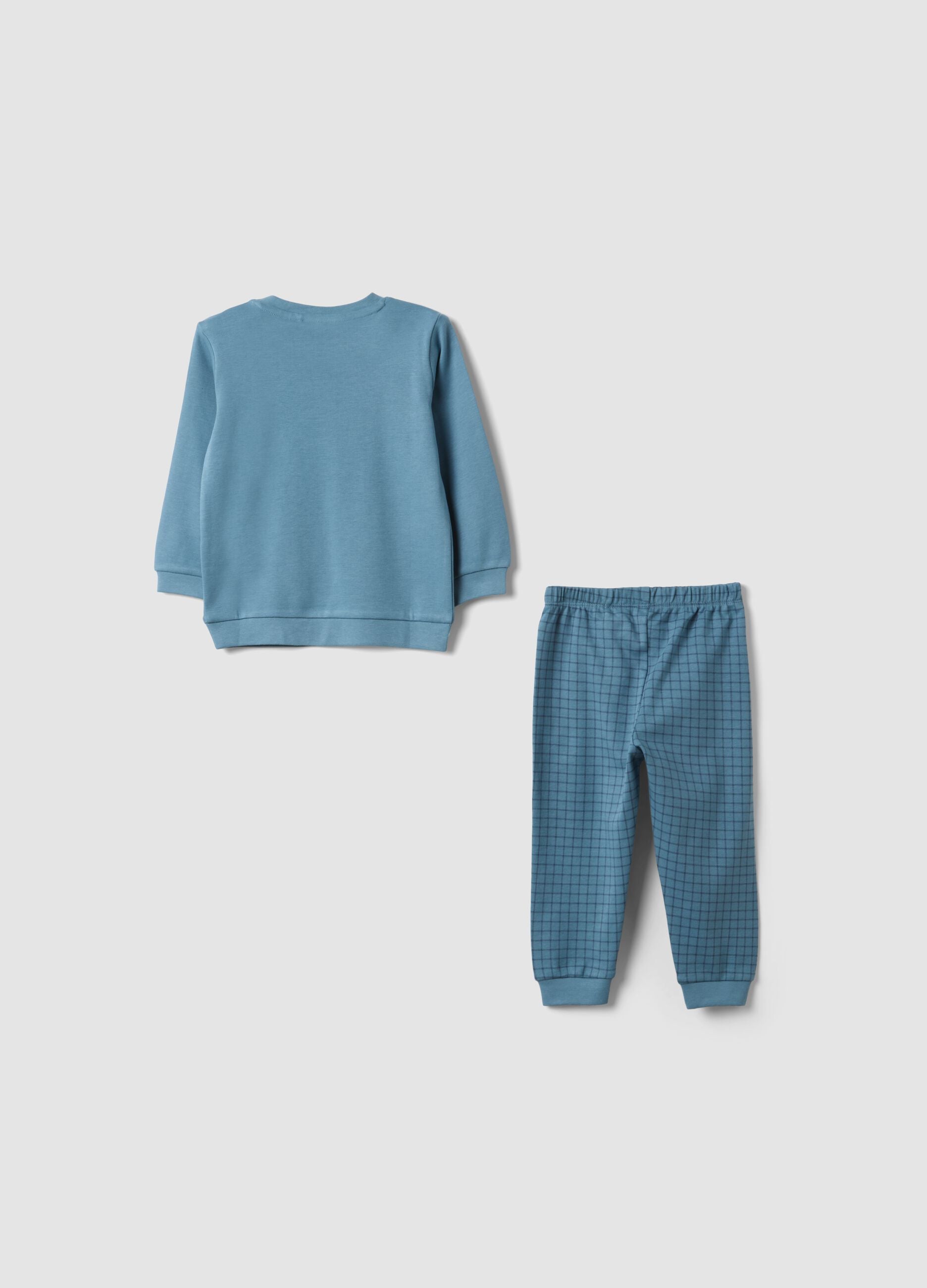 Blue organic cotton crew-neck pyjamas with cute animal print