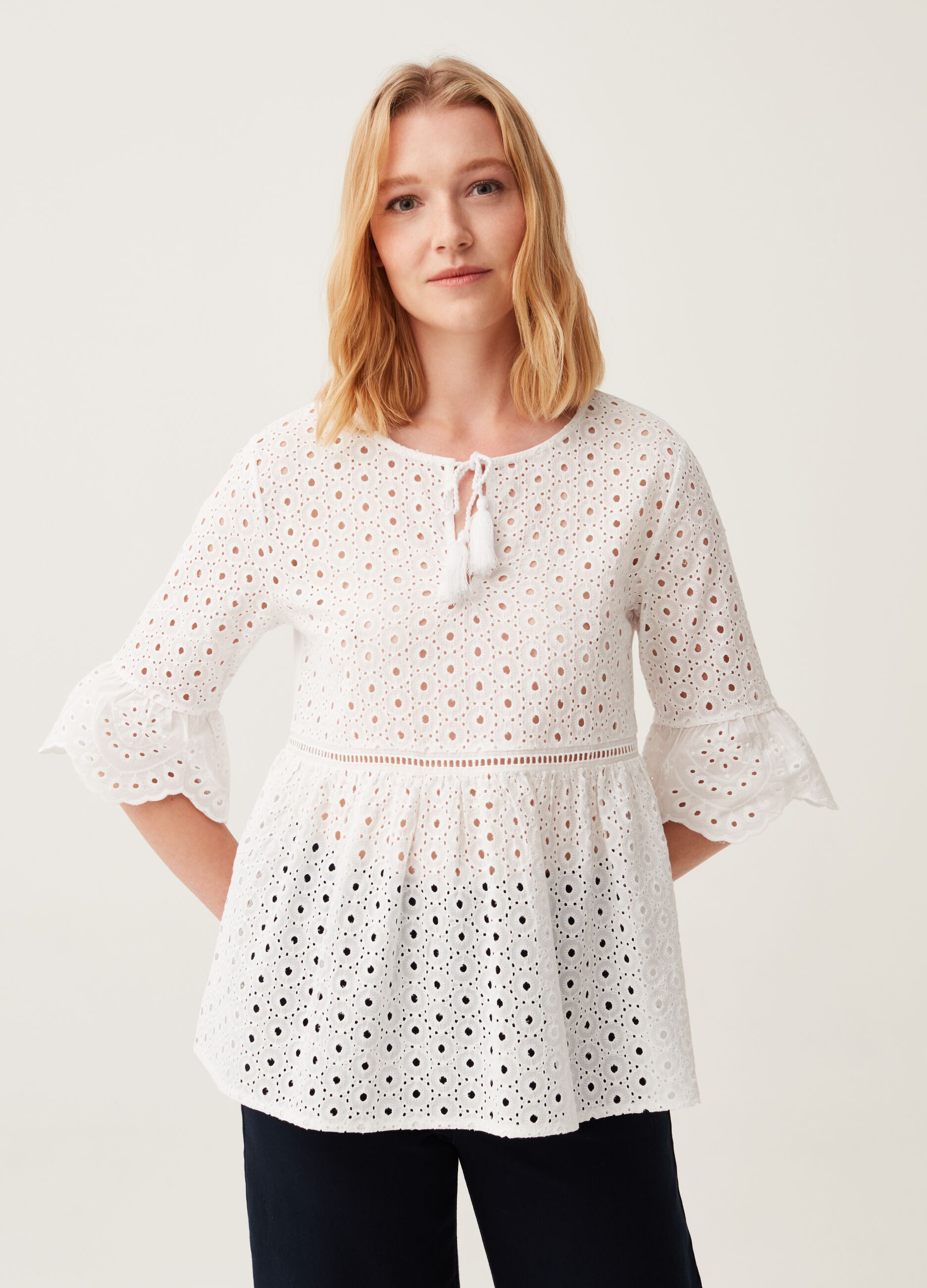 T-shirt in broderie anglaise lace with flounce