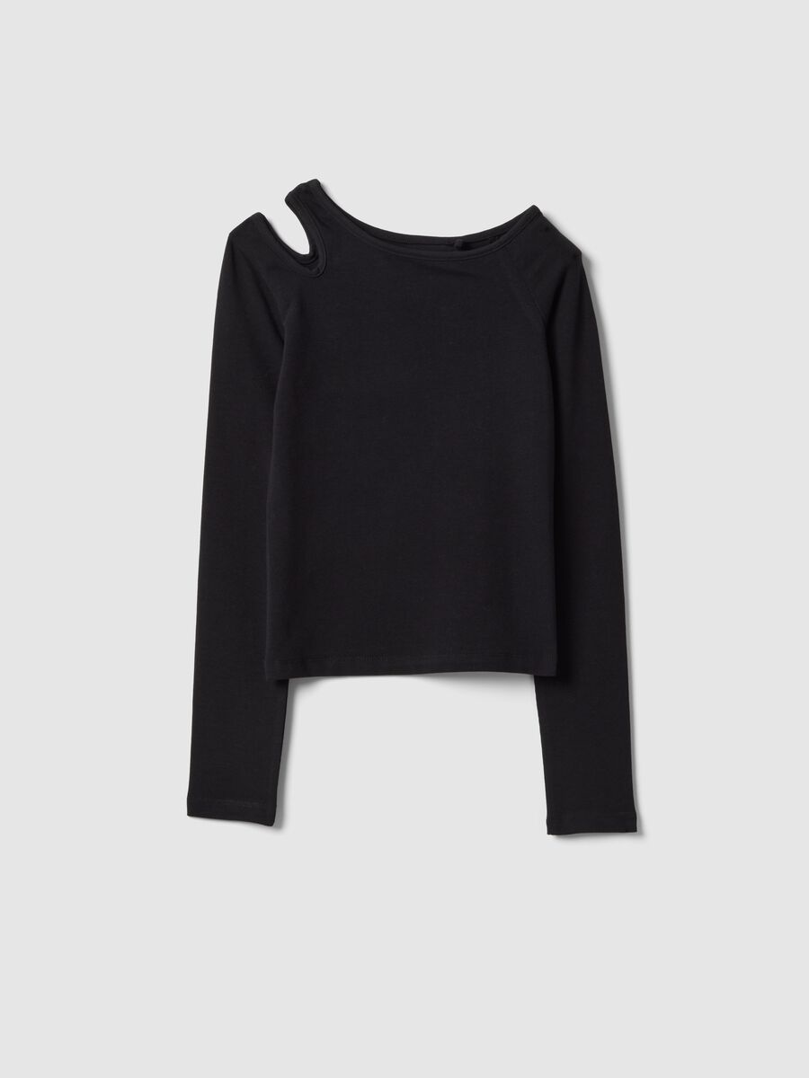 Black cotton blend slim fit girl's top with boat neckline_0