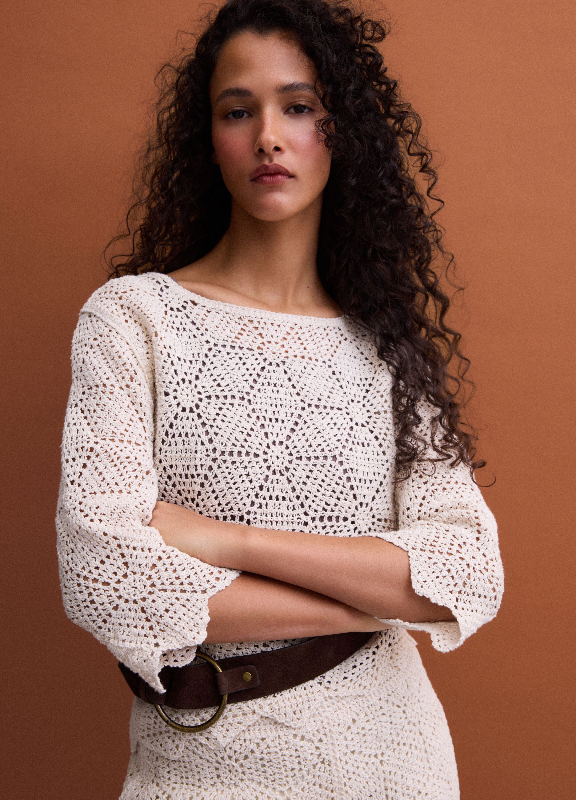 Beige pure cotton crochet T-shirt, regular fit