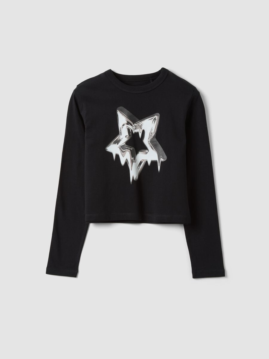 Black organic cotton T-shirt with ribbed neckline for girls_0
