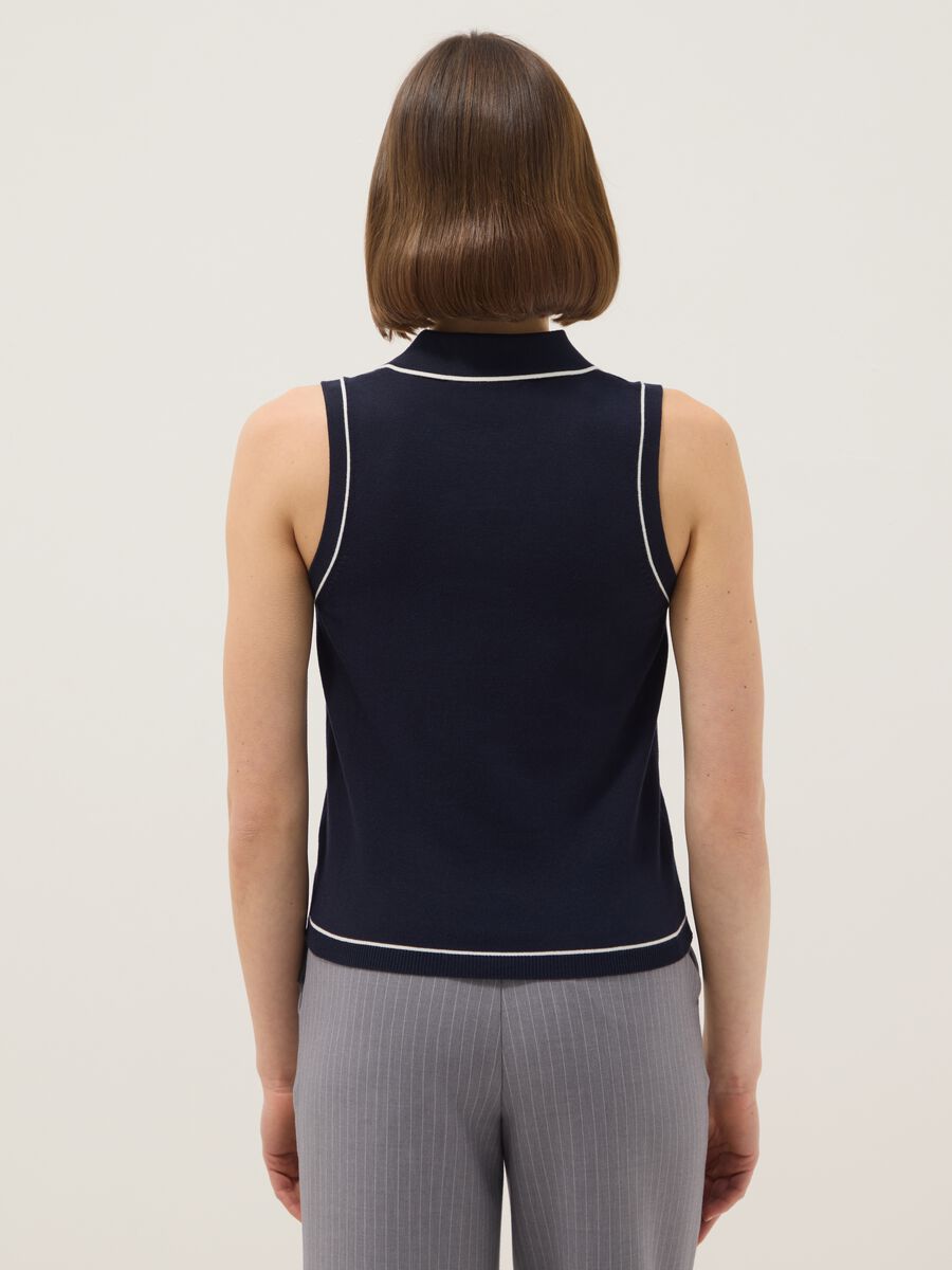 Sleeveless blue viscose blend slim fit polo with buttons_2