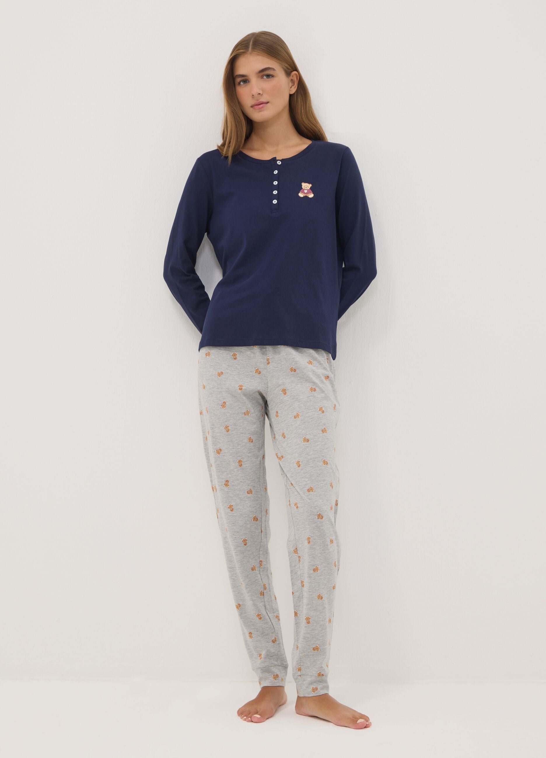 Navy pure organic cotton pyjamas with henley neckline