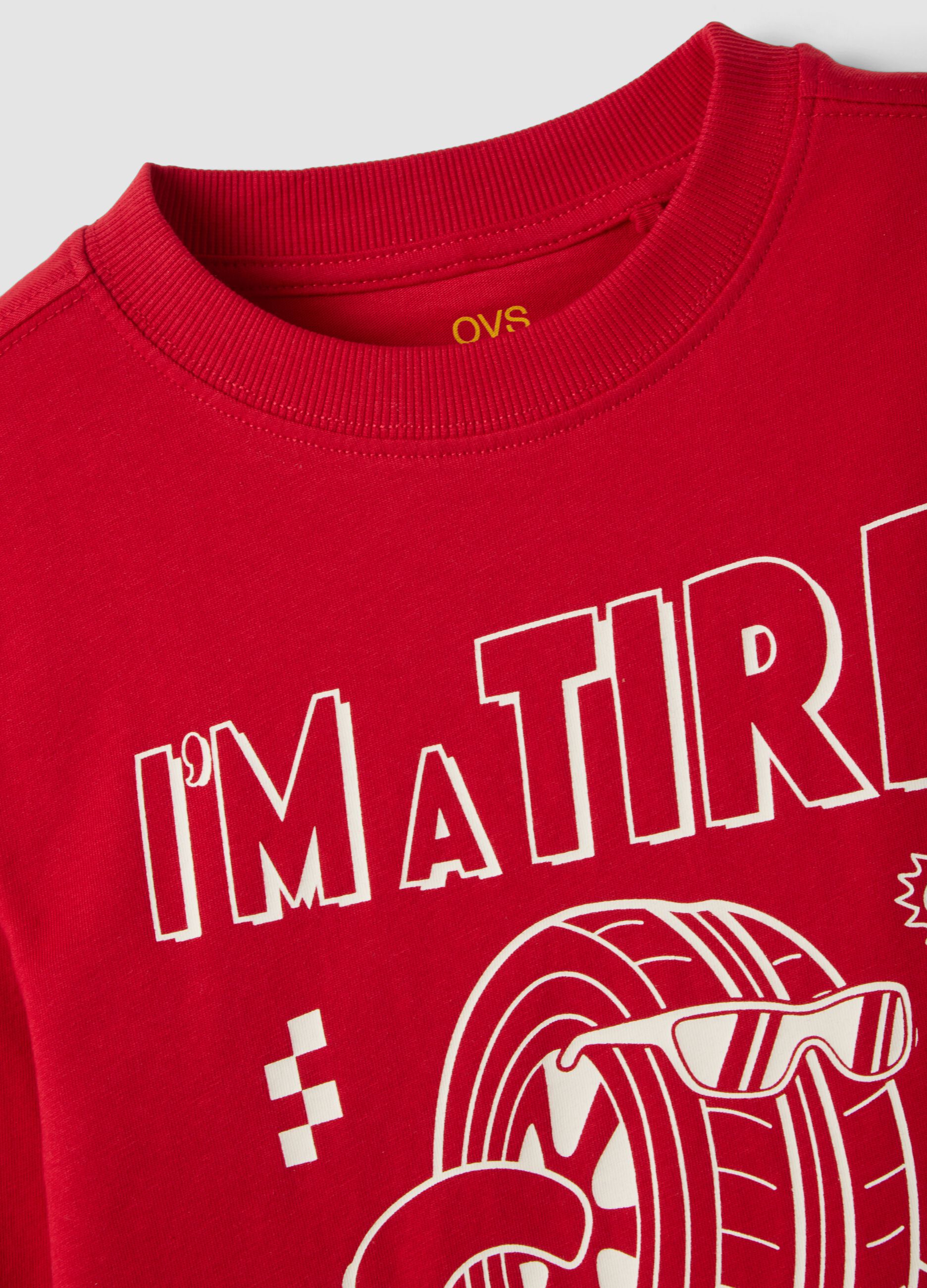 Red oversized pure organic cotton T-shirt with racing print for boys