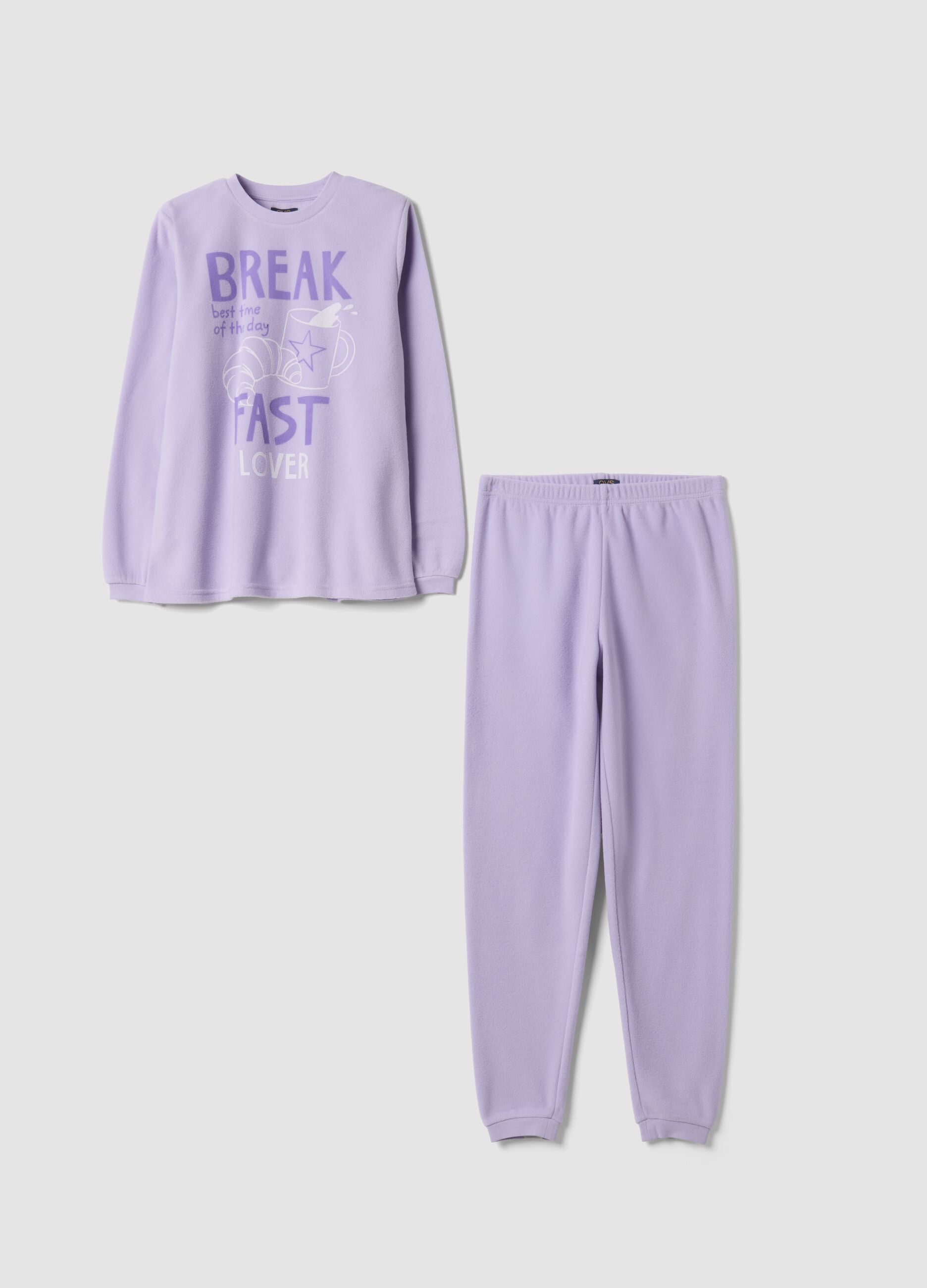 Purple fleece crew-neck pyjamas with long trousers, regular fit