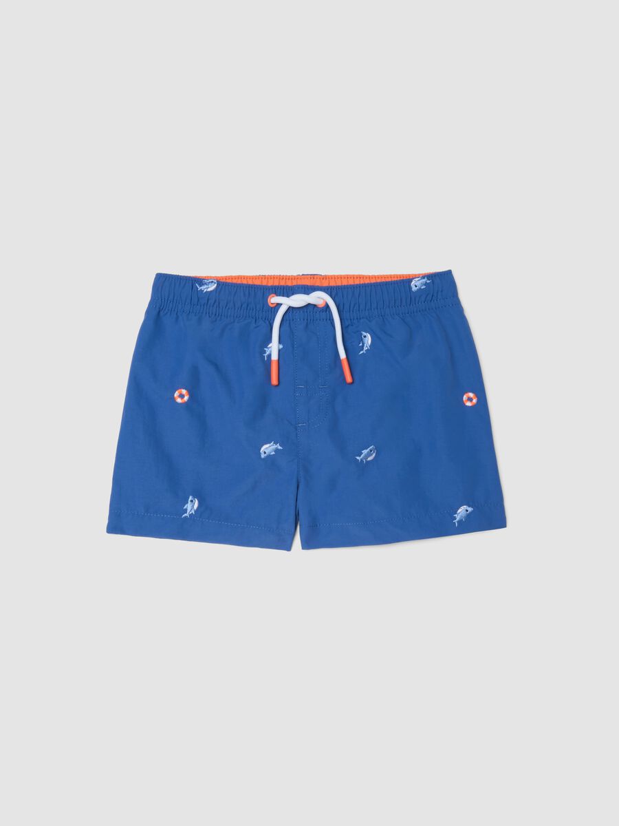 Sea-blue boys&rsquo; boxer swim shorts with fish print_0