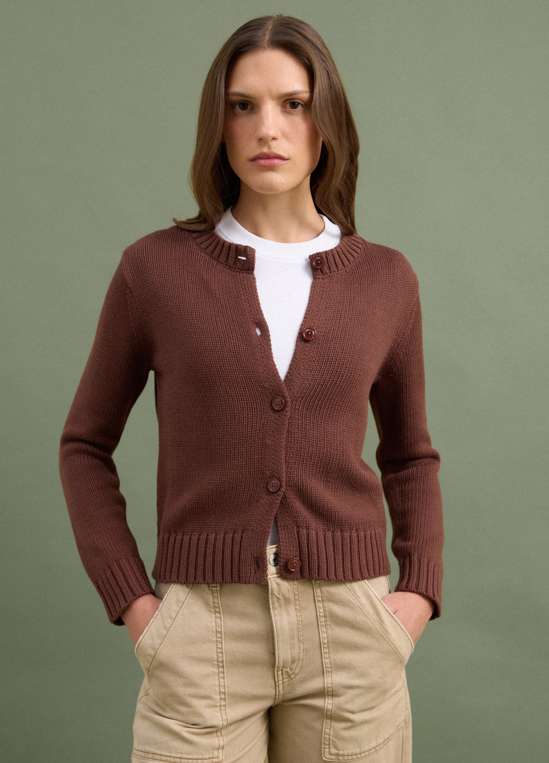 Brown pure cotton button-up cardigan, regular fit