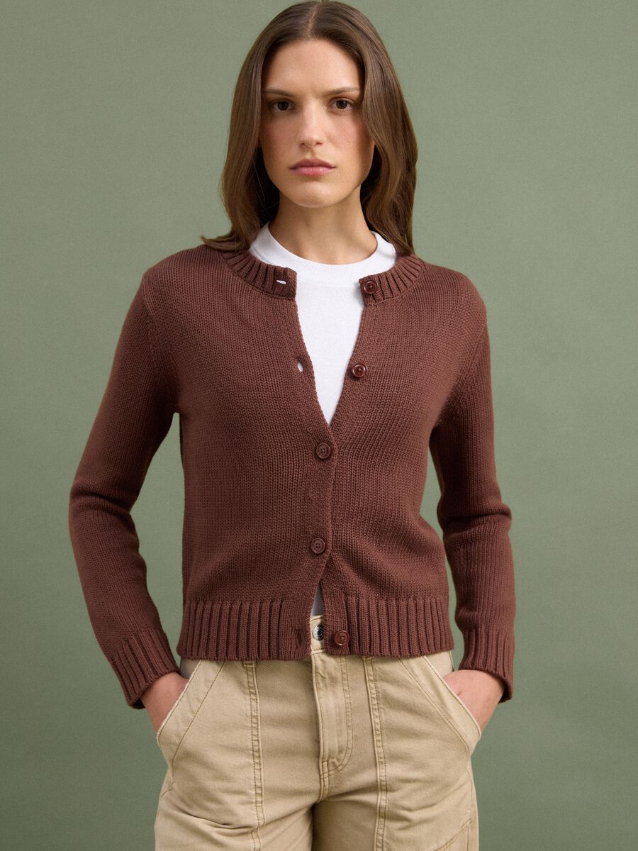 Brown pure cotton button-up cardigan, regular fit_1