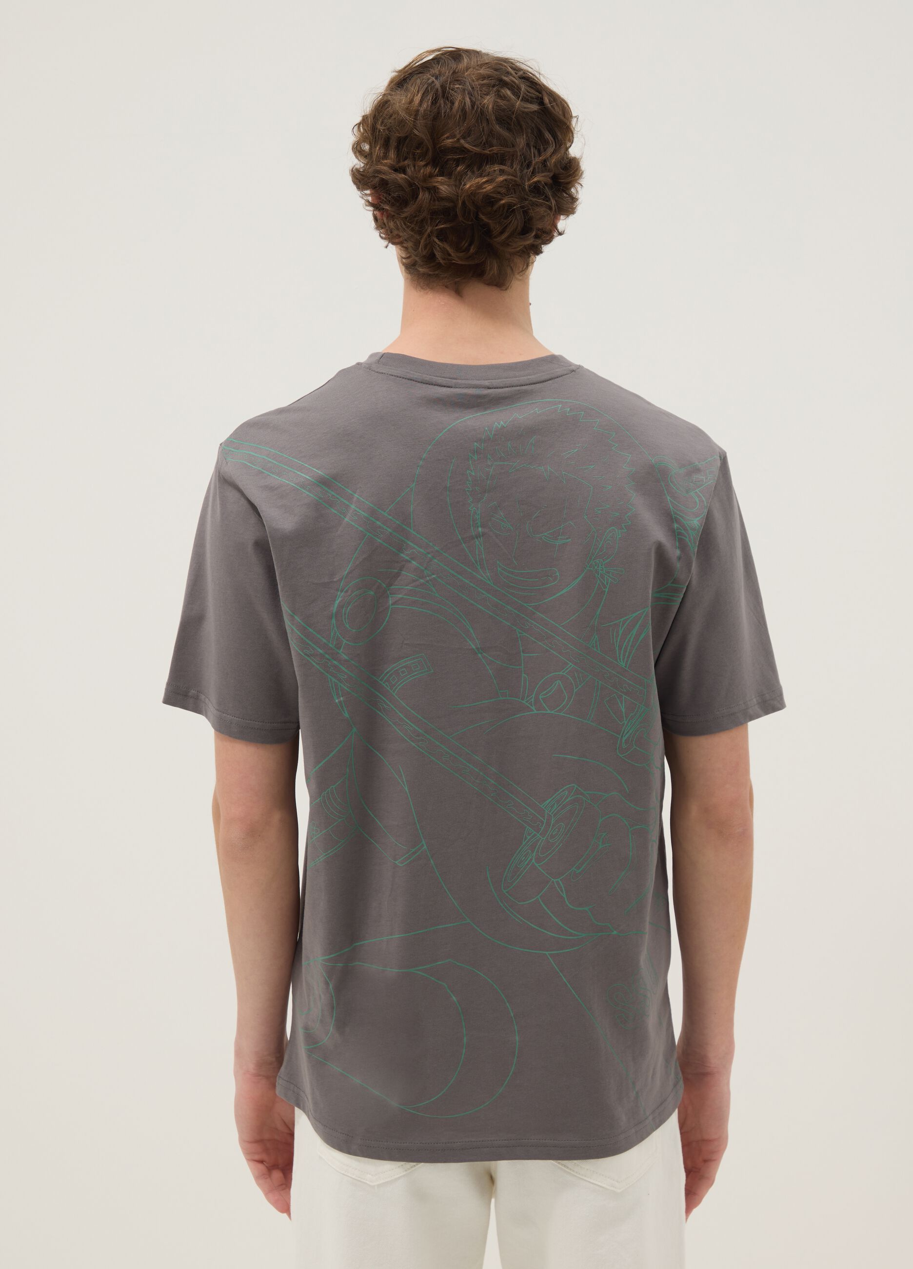 Graues T-Shirt mit One Piece-Print aus reiner Baumwolle, Relaxed Fit