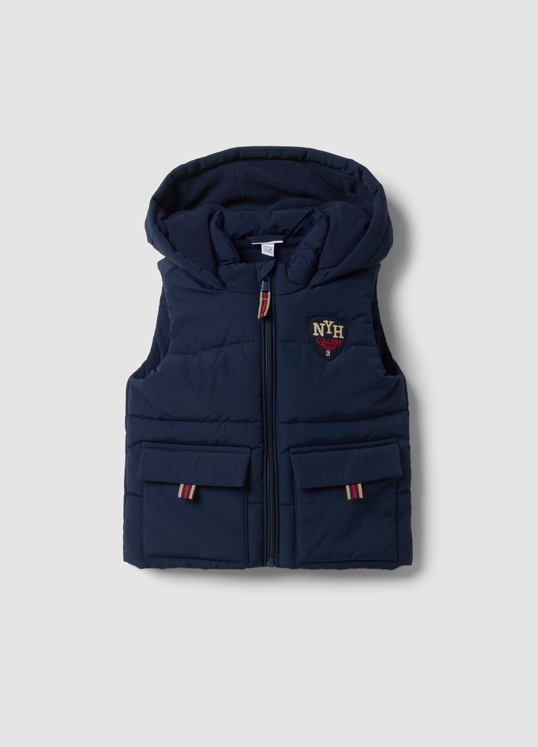 Blue padded hooded gilet with zip for baby boy
