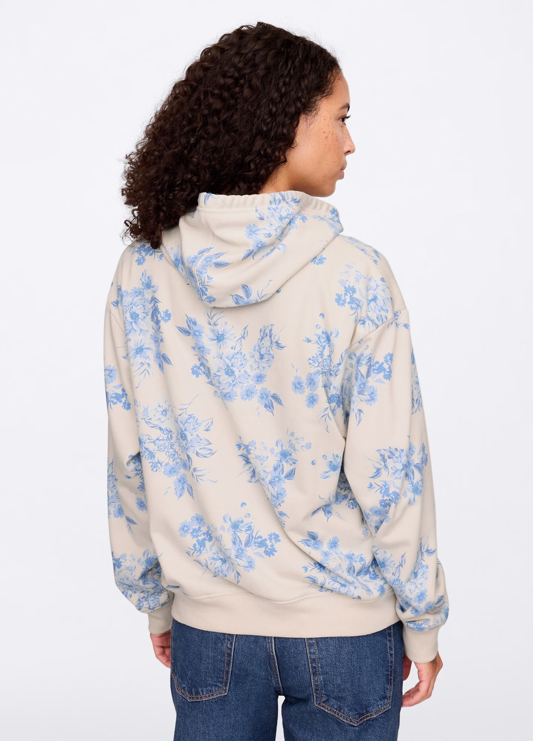 Sweat &agrave; capuche floral beige et bleu Gap